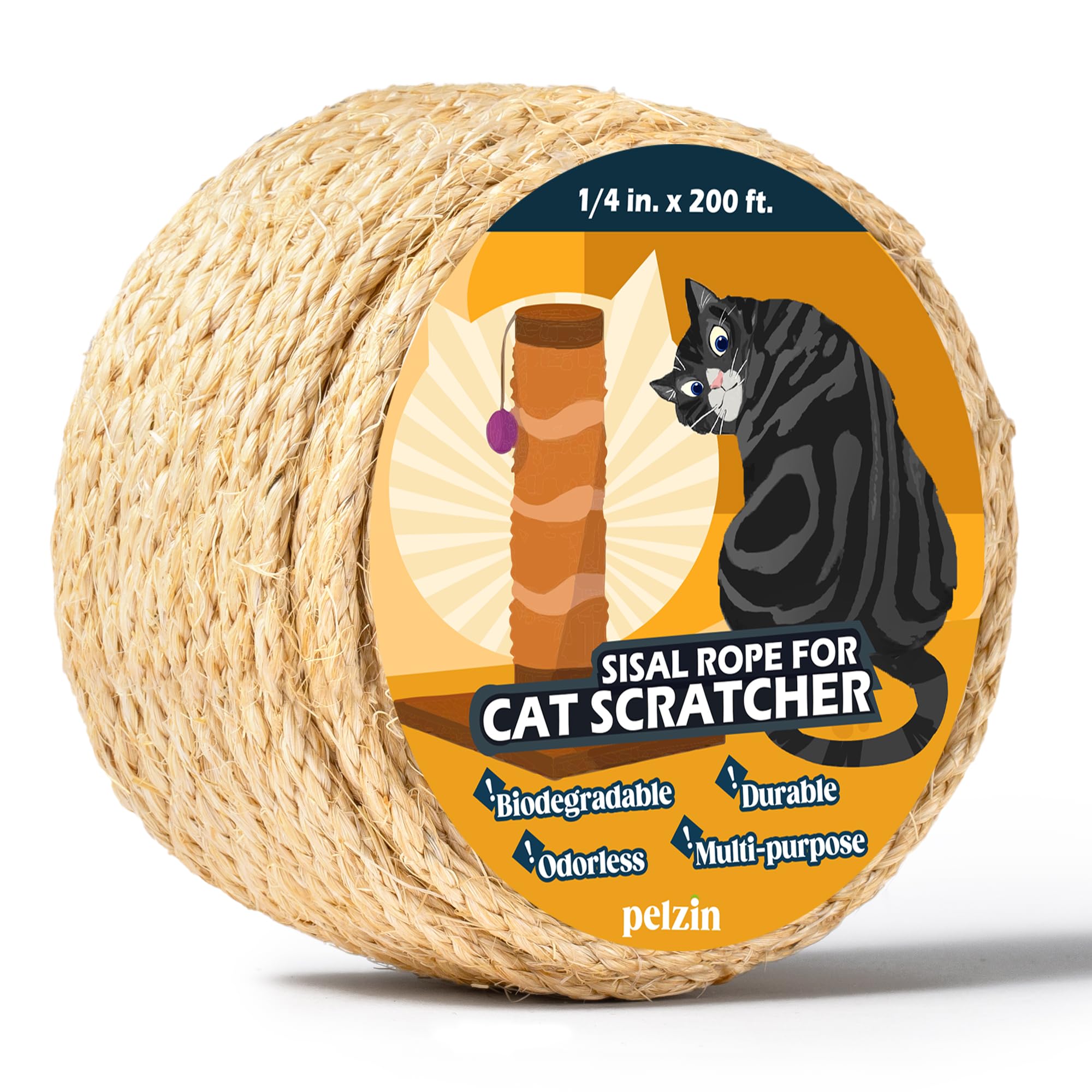 Pelzin Natural Sisal Rope For Cat Scratcher 1/4 Inch By 200 Feet, Cat Tree Rope Twine For Cat Scratching Post Replacement, Cat T