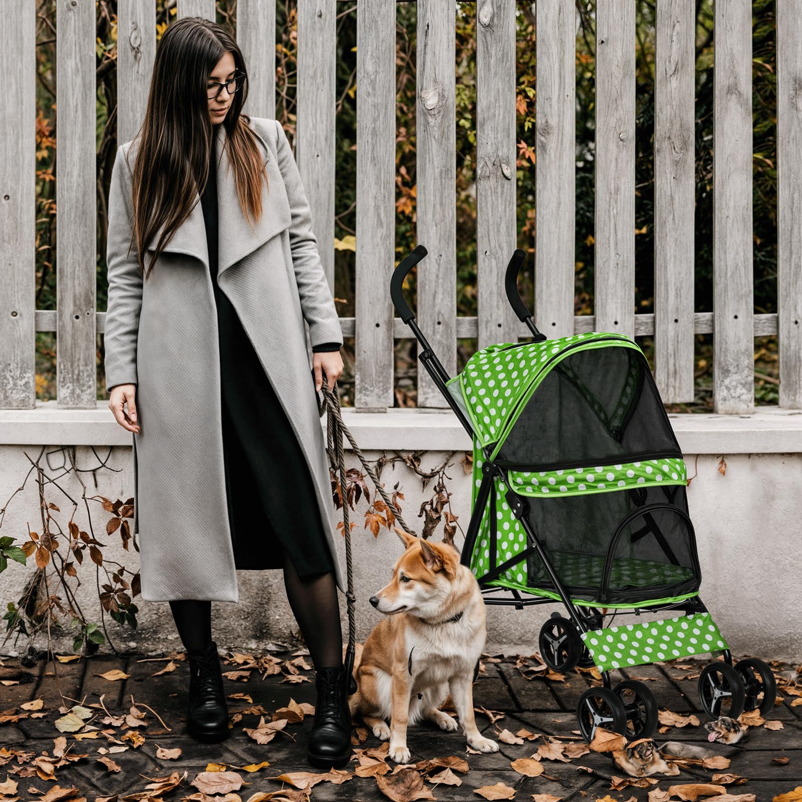 Monibloom 4 Wheels Pet Stroller, Easy-Fold Umbrella Shaped Dog Cat Jogger Stroller W/Storage Bag & Visible Mesh For Small/Medium