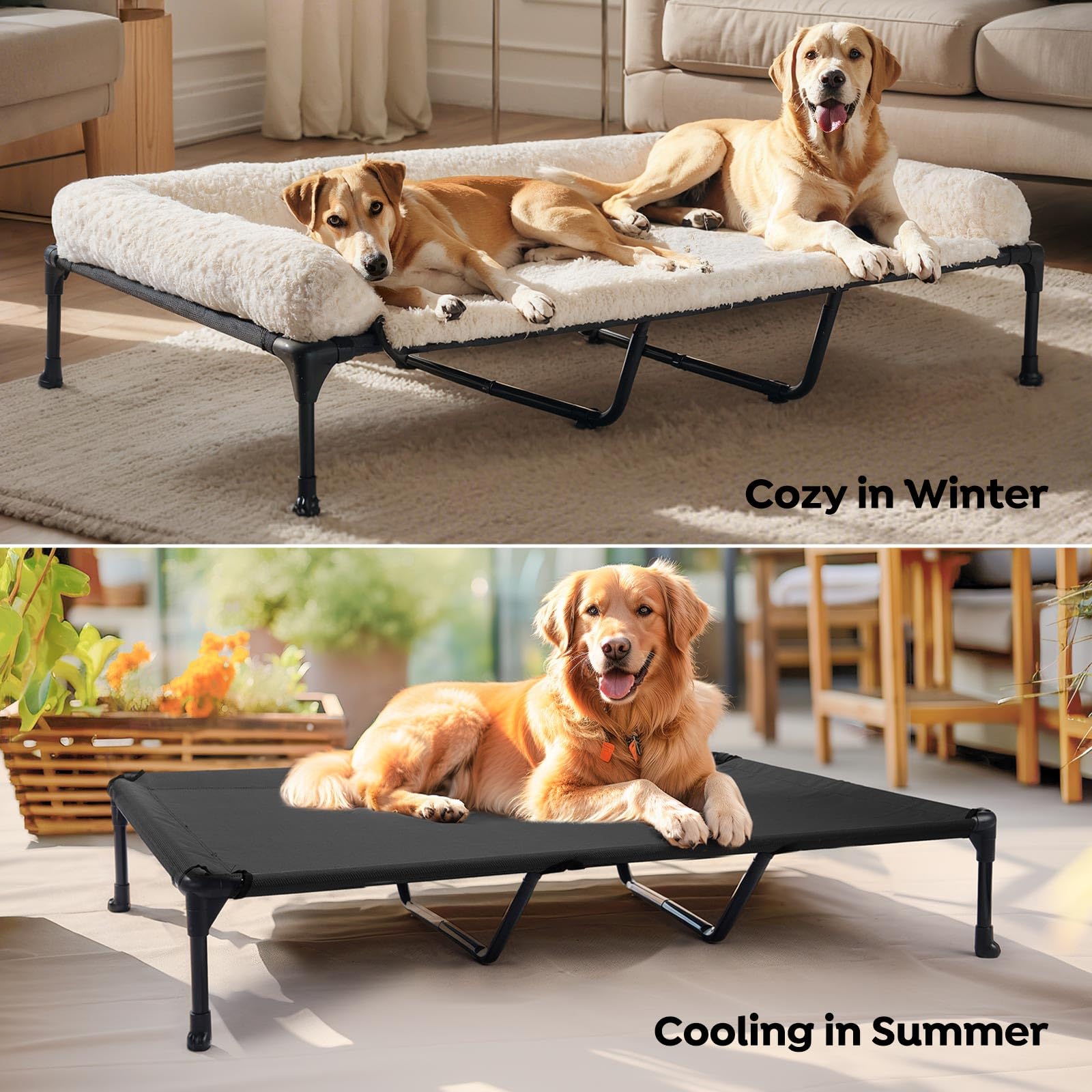 Veehoo Cooling Elevated Dog Bed Add Removable Deluxe Rose Plush Bolster Cushion Mat, 59' X 37' Washable Dog Couch Bed, Raised