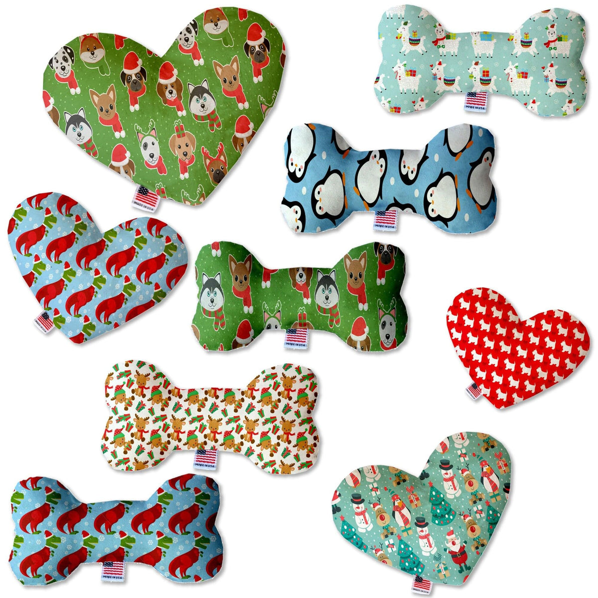 Christmas Pet and Dog Plush Heart or Bone Toy, &quot;Holiday Friends Group&quot; (Available in different sizes, and 7 different patterns!) Christmas Dogs 6&quot; Plush Heart