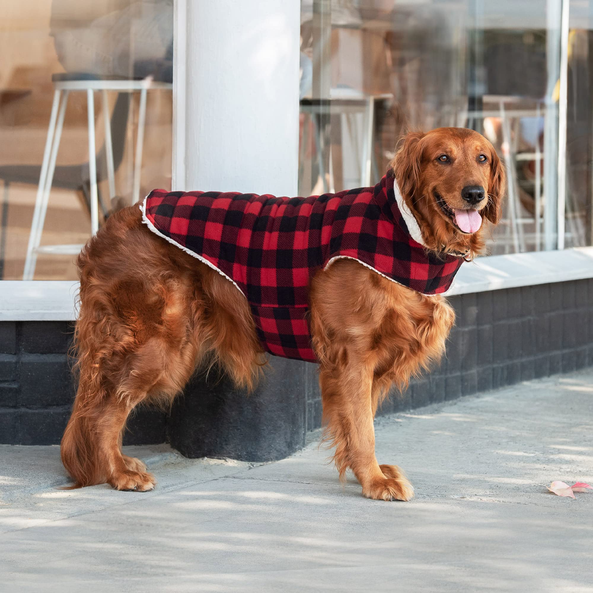 Furhaven Reversible Large Dog Coat, Washable & Insulating W/ Leash Access - Sherpa & Plaid Fleece Flex-Fit Jacket - Cream/Red, Large