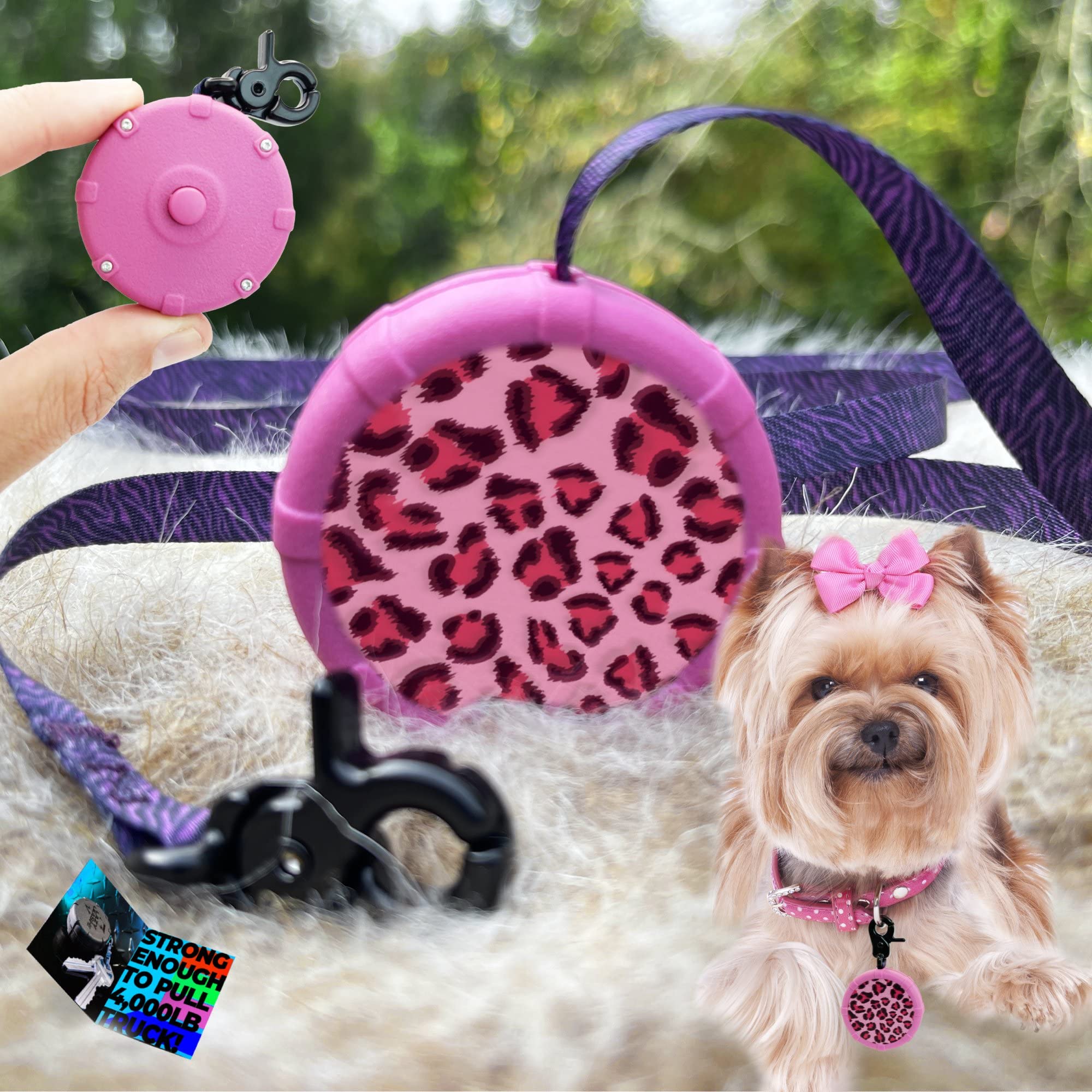 Leopard 40'' Wearable Mini Adjustable Dog Leash - Powerful, Lightweight, Retractable Keychain Clip. Durable & Comfort Grip For O