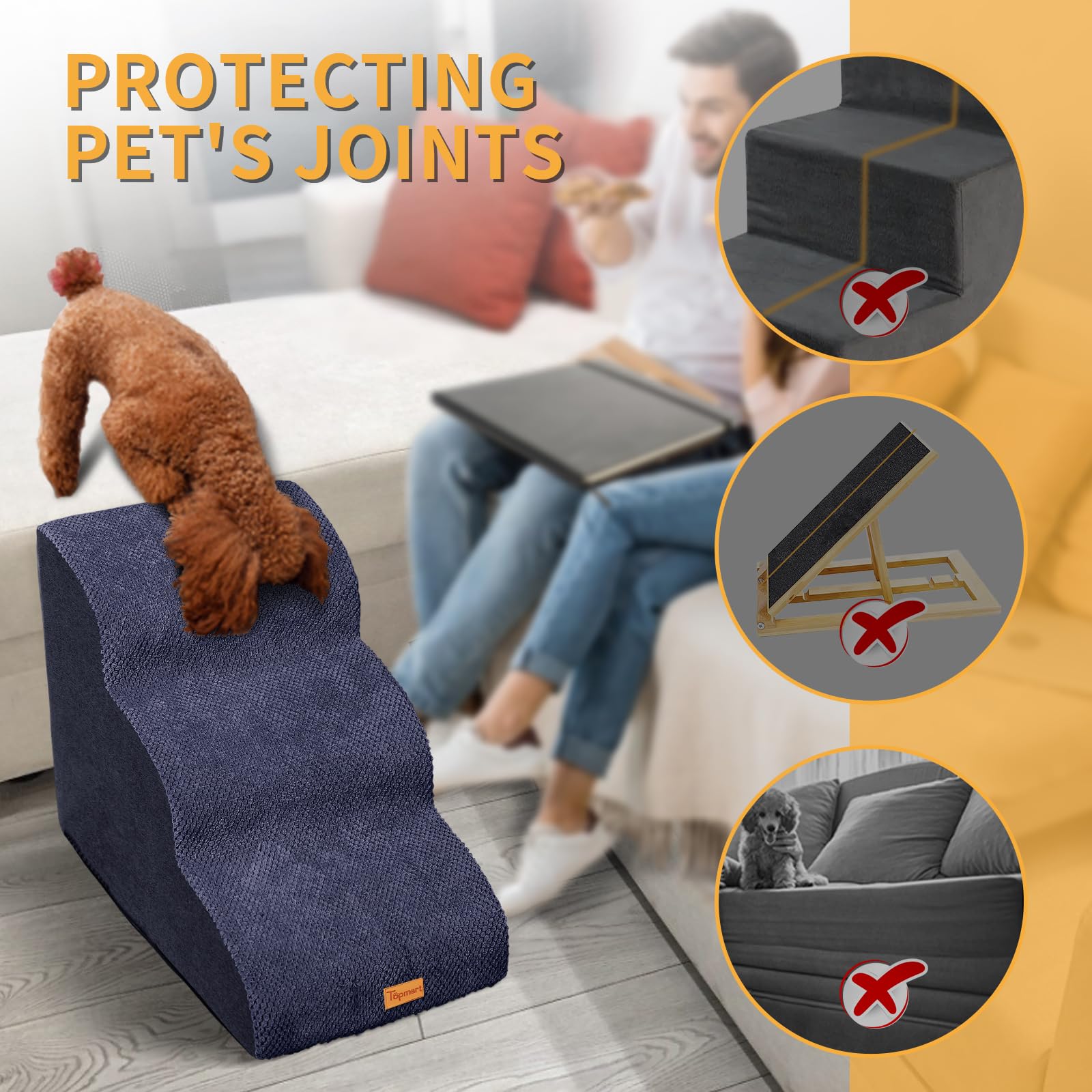 Topmart 3 Tiers Foam Dog Ramps/Steps,Non-Slip Dog Steps,Extra Wide Deep Dog Stairs,High Density Foam Pet Stairs/Ladder,Best For Older Dogs,Cats,Small Pets,With Pet Hair Remover Roller,Blue