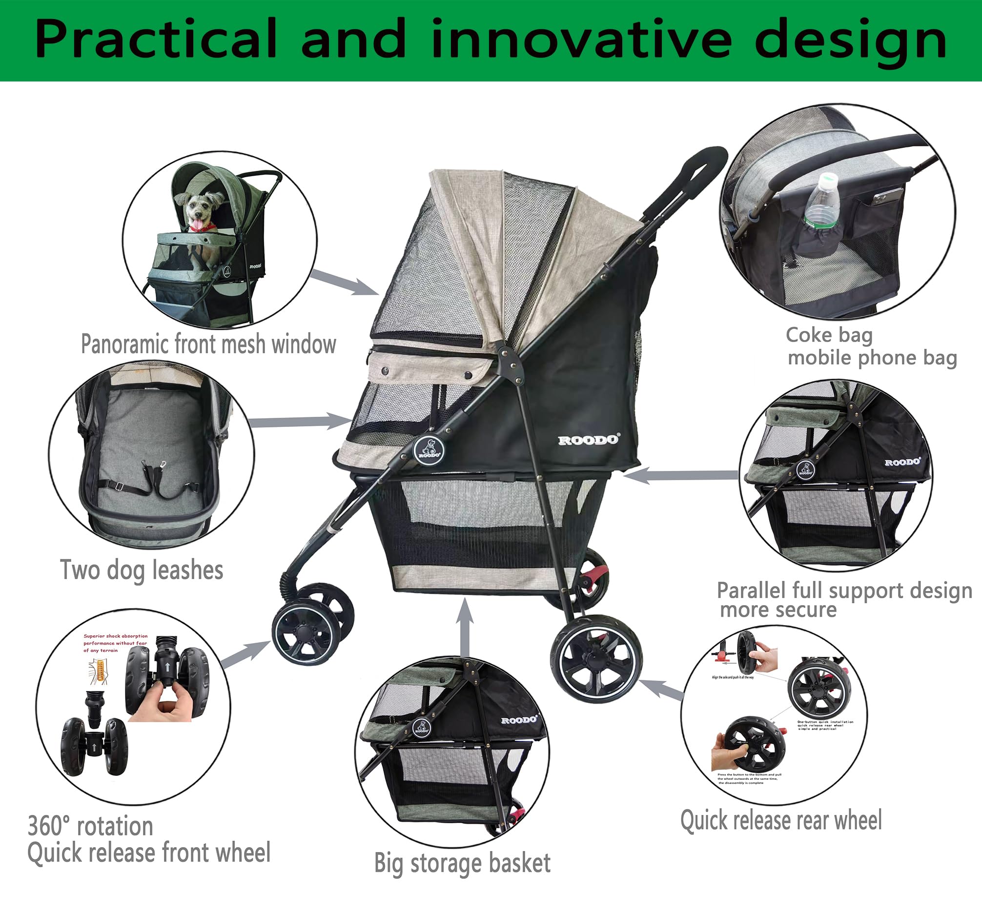 Roodo 3 Wheel Dog Pet Cat Stroller Best Lightweight Foldable Compact Portable Jogger All Terrain Travel Pet Gear Puppy Kitty Str