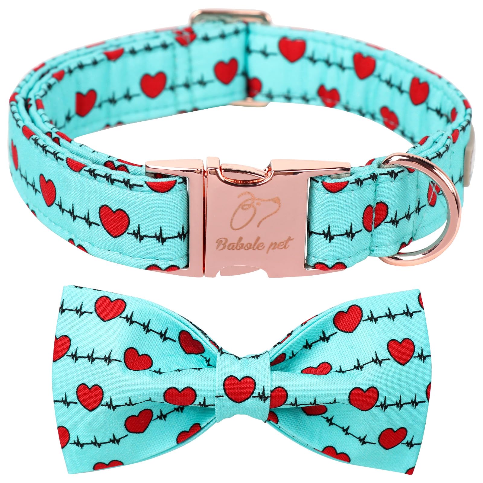 Babole Pet Valentines Dog Collar with Bow Tie,Green Love Heart Signal Valentine Dog Collars with Safety Metal Buckle Adjustable 