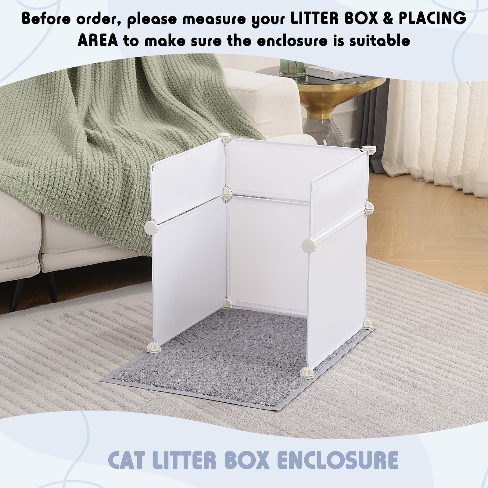 Meexpaws Cat Litter Box Enclosure Splash Guard Large L19?19?20 Inch, Light Weight Plastic Sheets With Cat Litter Mat Easy Clean (White)