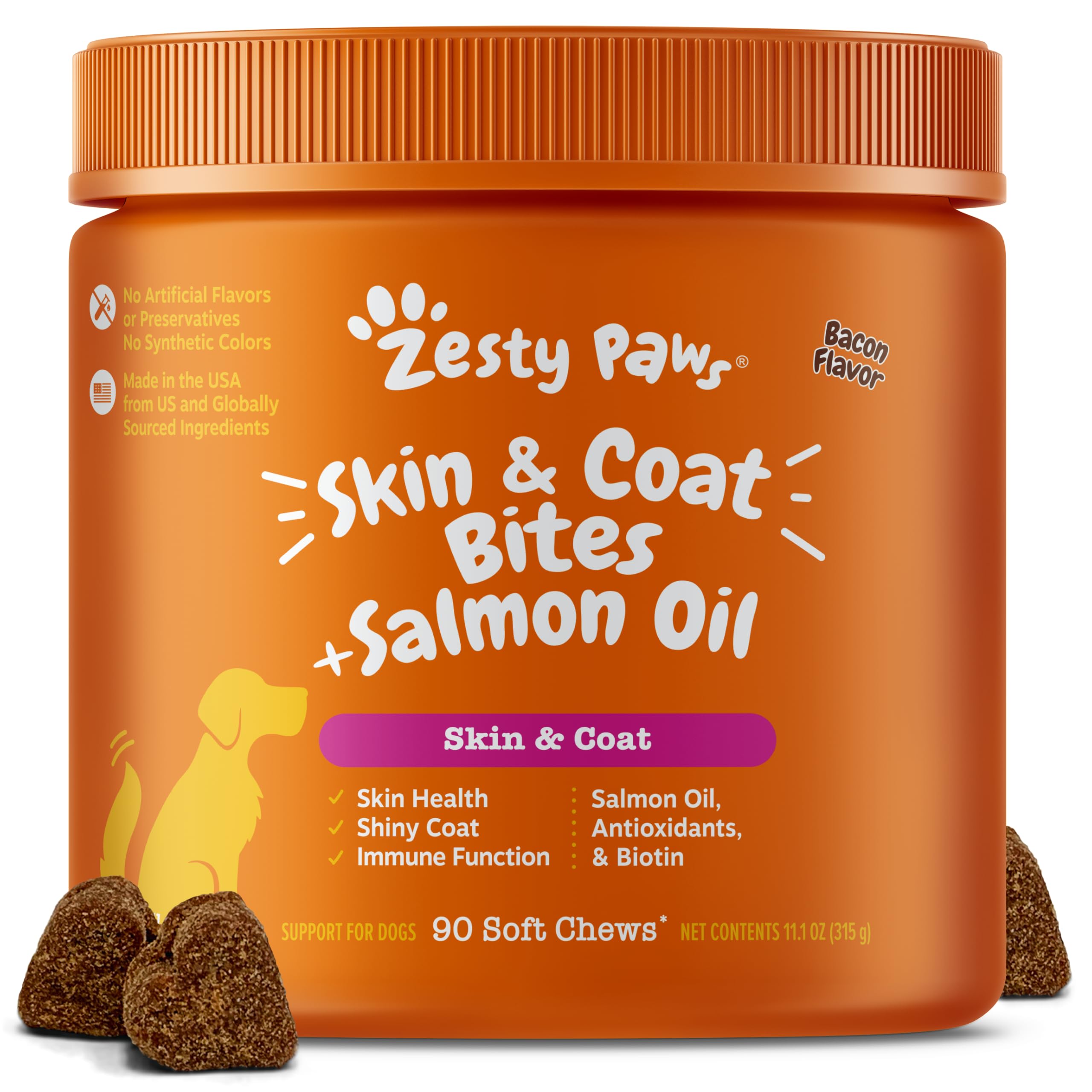 Zesty Paws Salmon Oil for Dogs Skin and Coat, Omega 3 Fish Oil Chews, Dog Allergy Relief Chews, Itch Relief Supplement, 90 Count