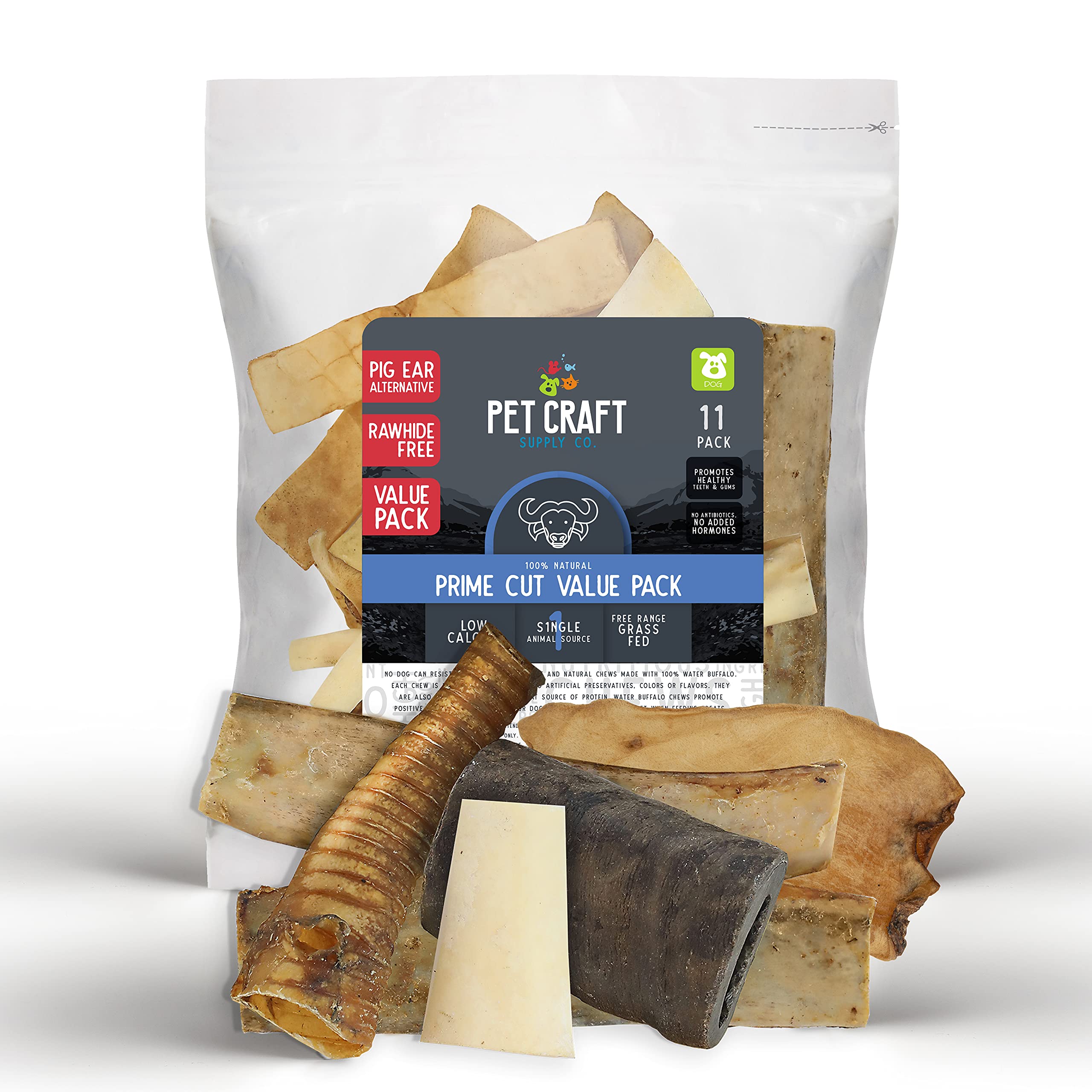 Pet Craft Supply Pure Natural Grass Fed Grain Free Water Buffalo Variety Pack of 11 Durable Tough Dog Chew for Aggressive Chewer