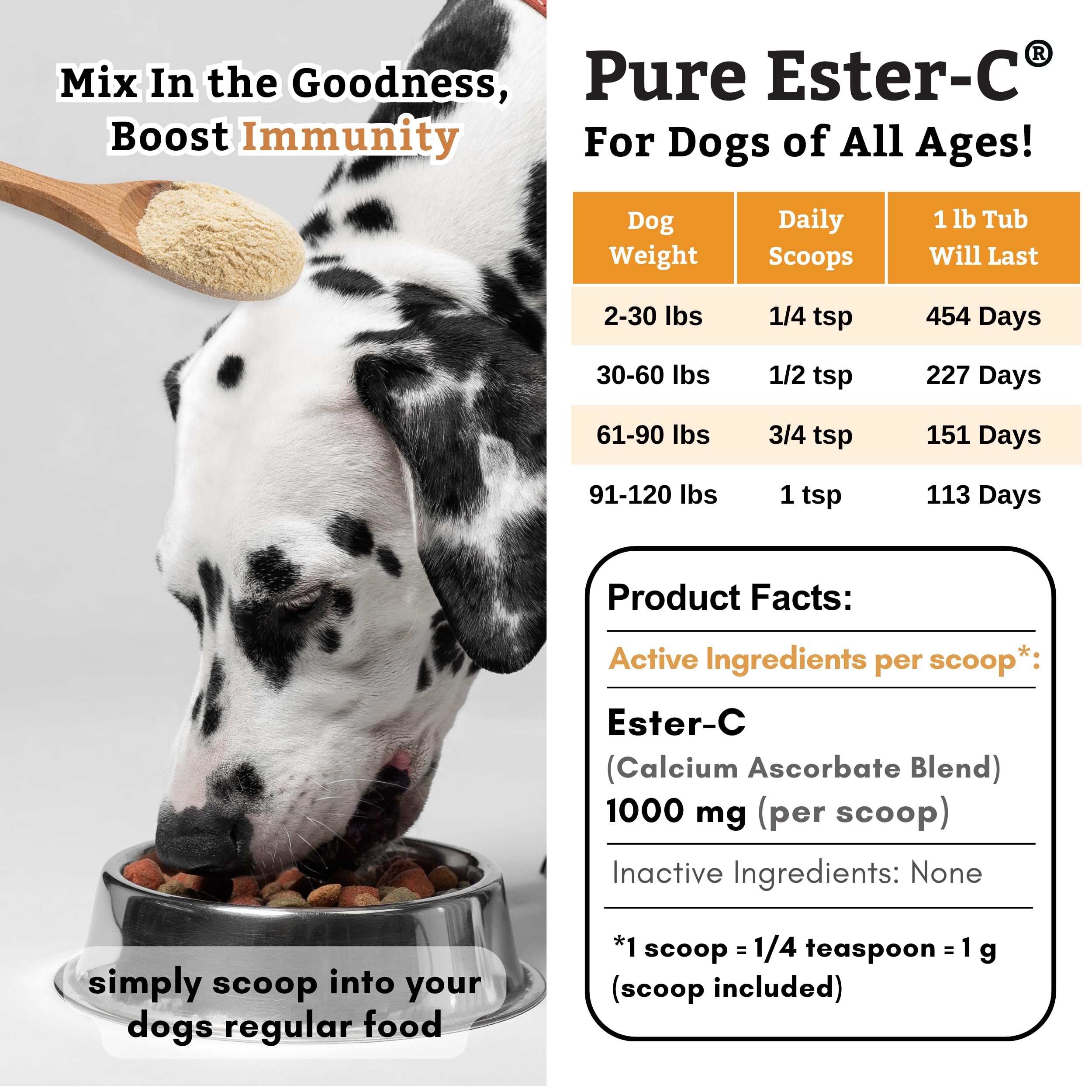 Wholistic Pet Organics Pure Ester-C Powder for Dogs & Cats - 1 Lb - Vitamin C Supplement for Immune Support, Skin & Coat Health,