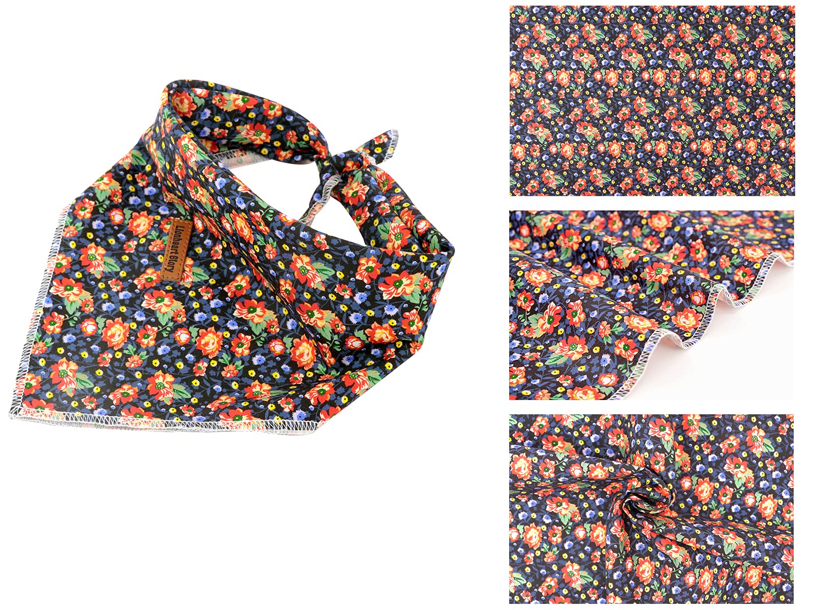 Lionheart Glory Dog Bandana 1 Pack Washable Soft Cotton Floral Print Bibs Scarf, Adjustable Kerchief Square Dog Bandanas For Sma