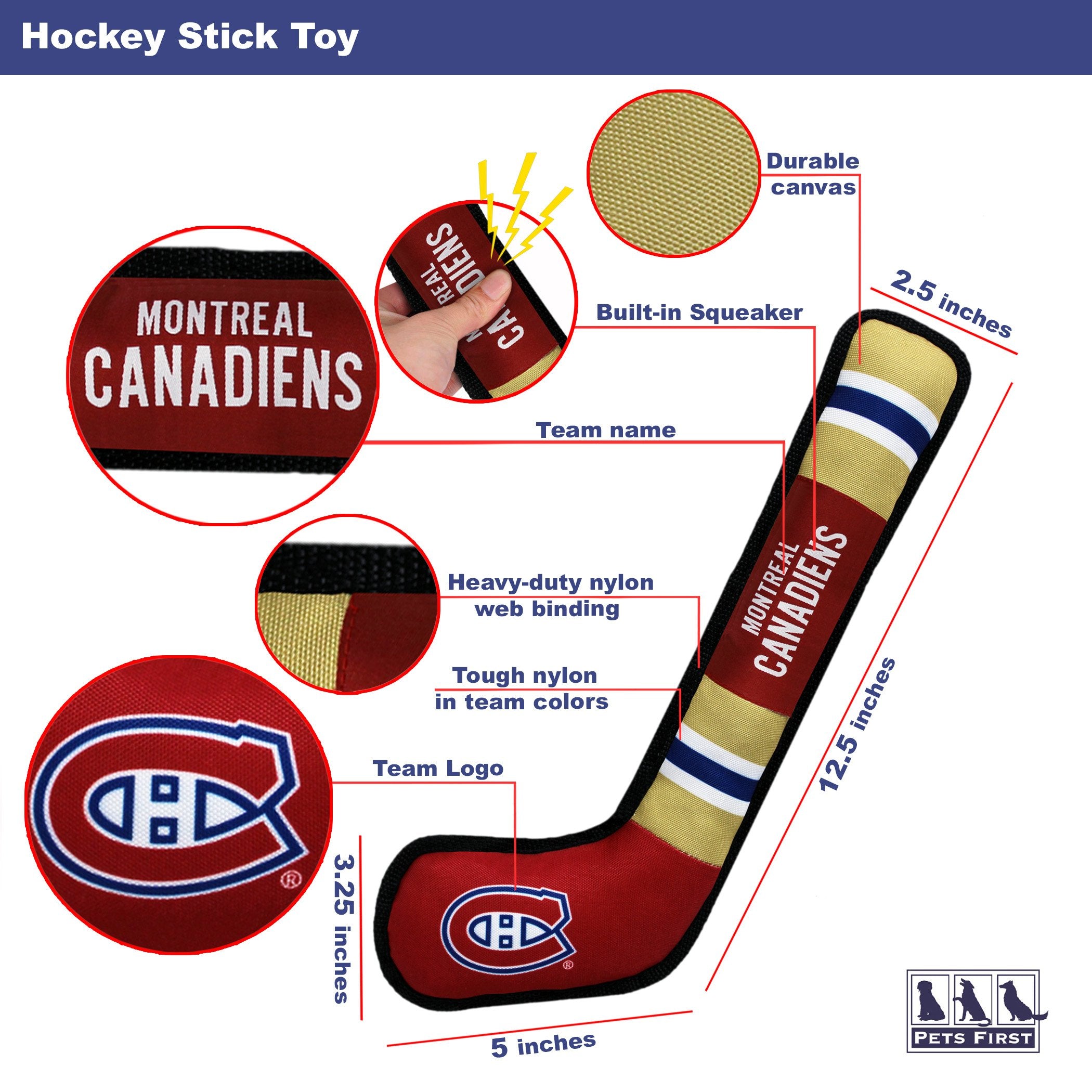 Pets First Dog Toy Tough Nylon With Inner Squeaker Licensed By Nhl Montreal Canadiens Hockey Stick Toy For Dogs & Cats. Play Hoc