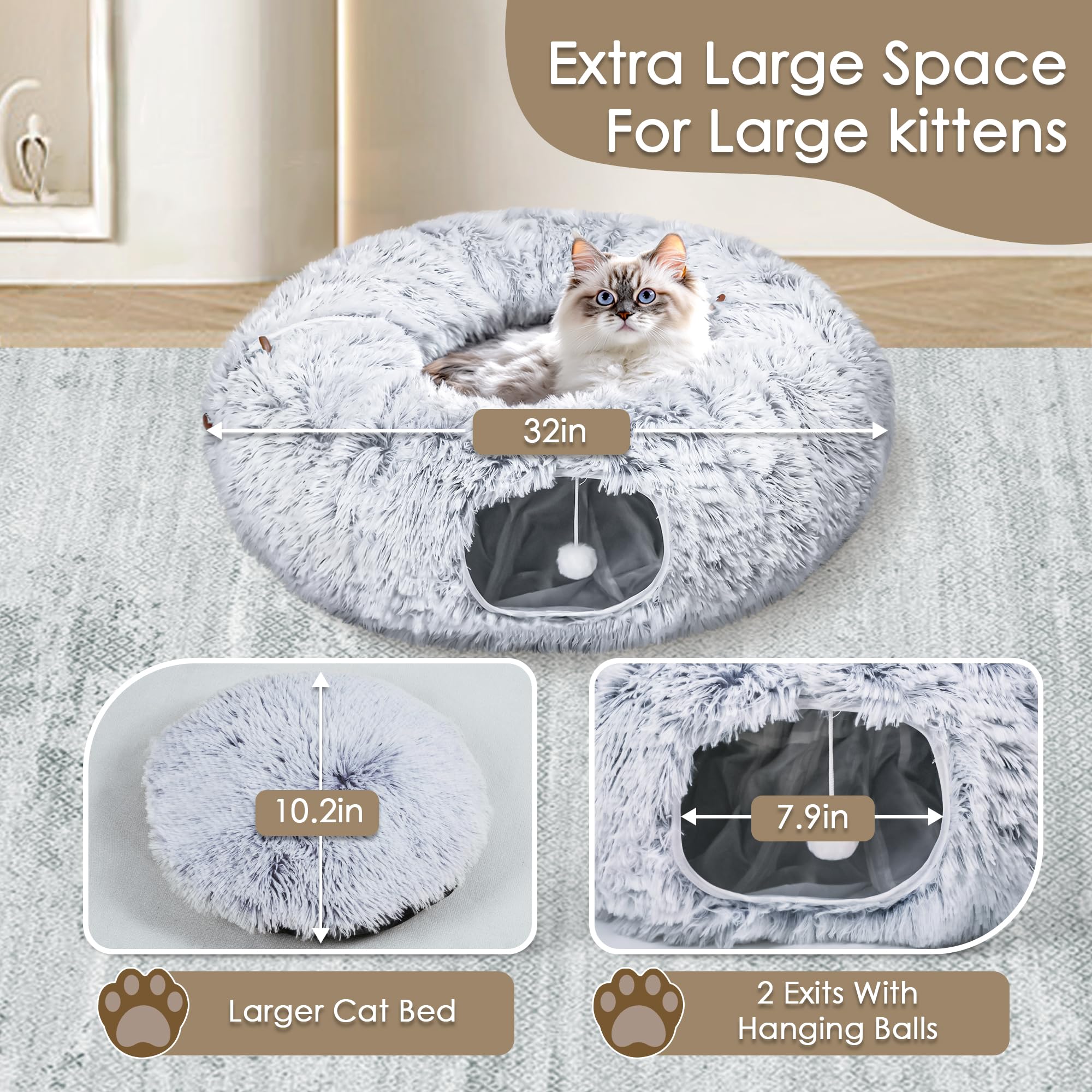 Cat Tunnel Bed For Indoor Cats, Peekaboo Cat Cave With Washable Soft Play Mat, Furry Cat Tube, For Kitten/Puppy/Rabbit, Grey