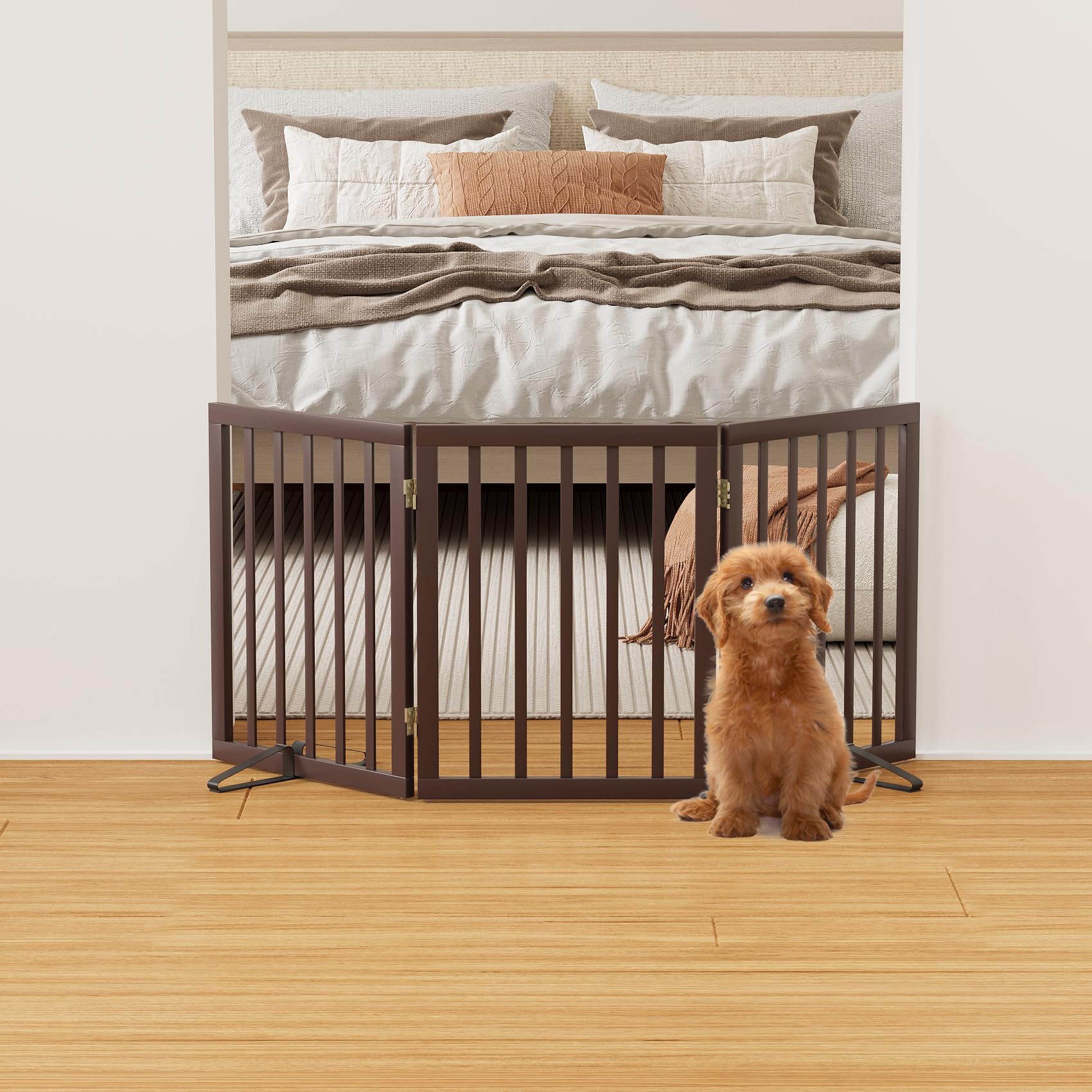 Mino Kesper Brown 18-55 Wide Dog Gate, Bamboo Freestanding Pet Gates for Dogs, Puppy Fence
