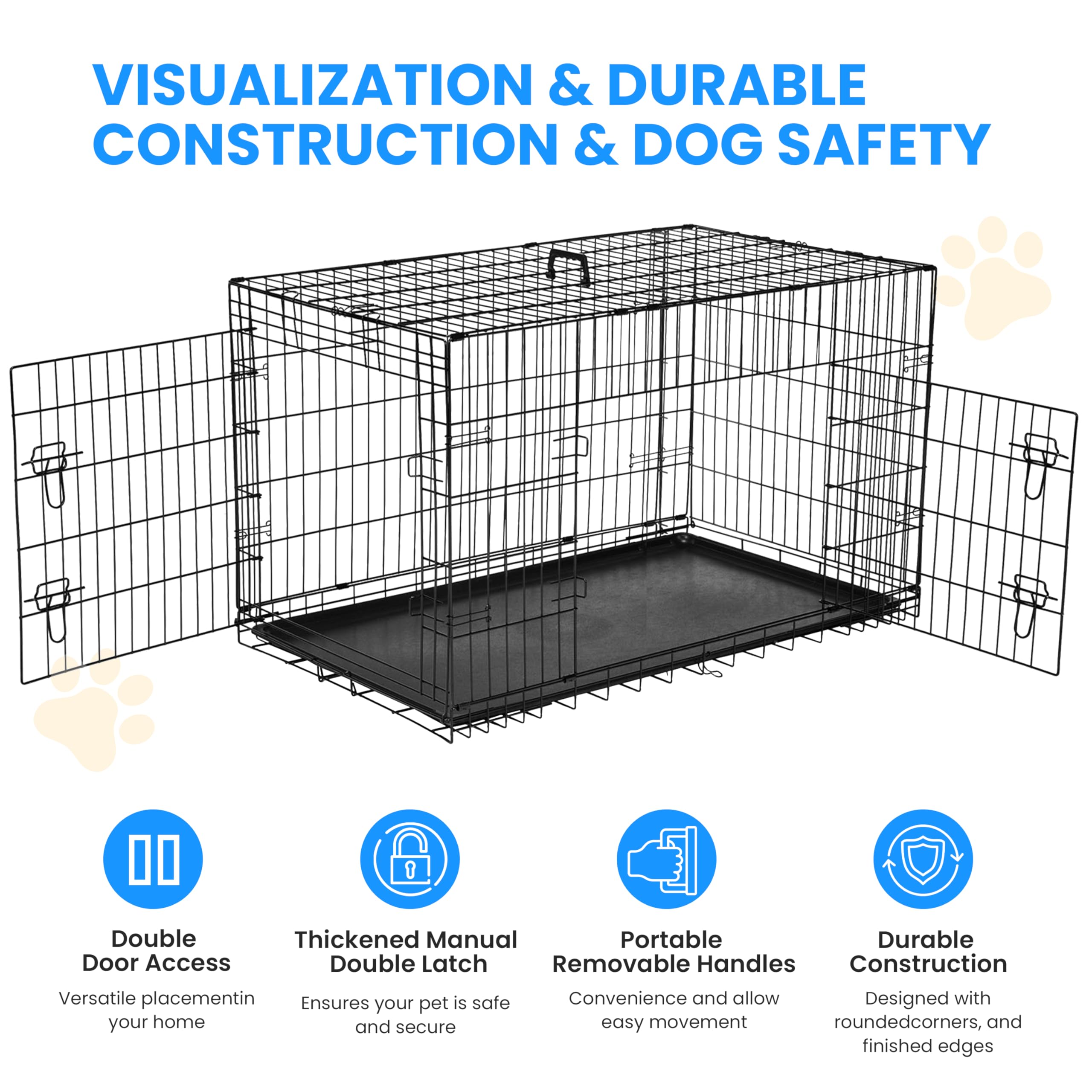 Simple Deluxe 36-Inch Dog Cage With Divider, Metal Wire Two-Door Folding Mid-Sized Pet Kennel With Leak-Proof Plastic Tray, Port