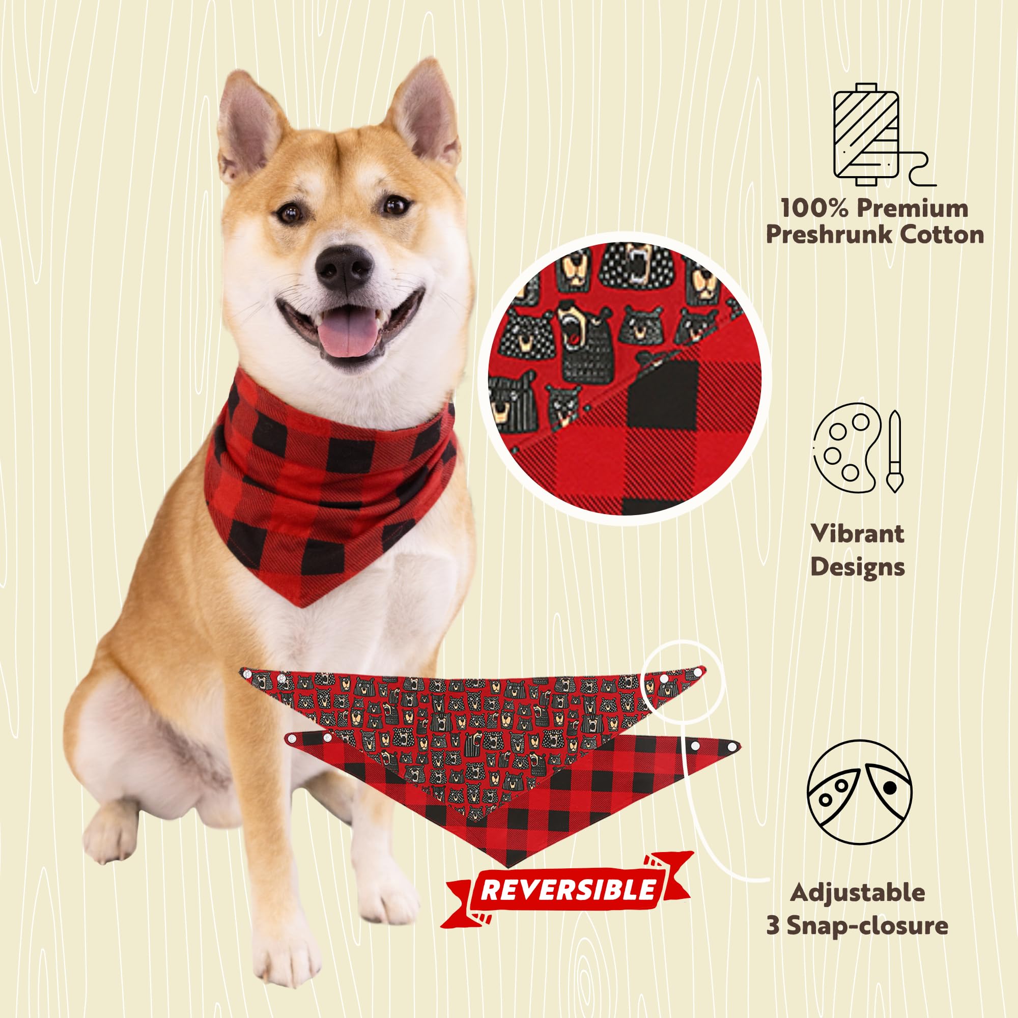 Lazy One Reversible Dog Bandana, Cute Accessories For Pets, Plaid (Medium/Large, Don'T Wake The Bear)