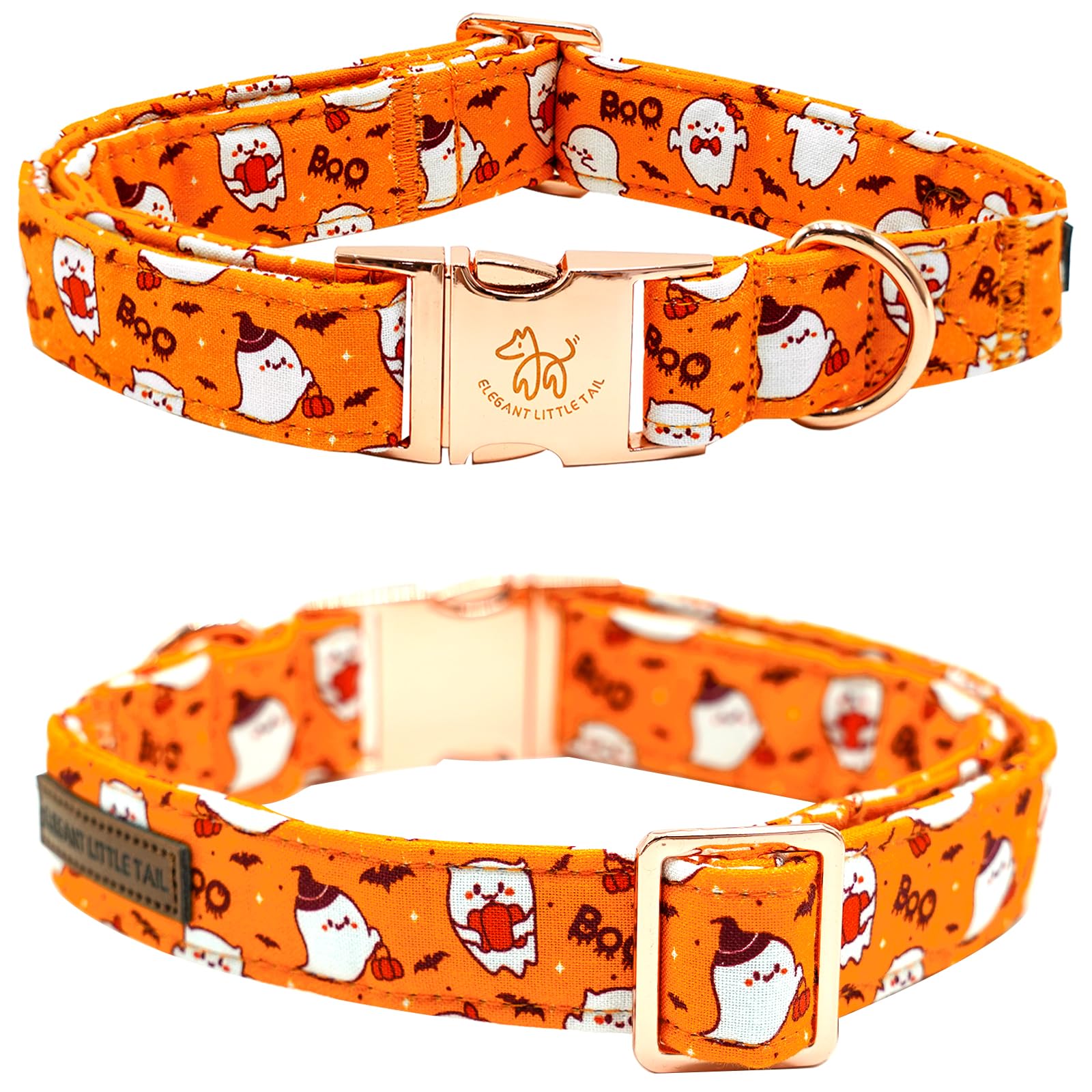 Elegant Little Tail Halloween Dog Collar - Cute Ghosts Print, Cotton With Metal Buckle, Adjustable For X-Small Puppy