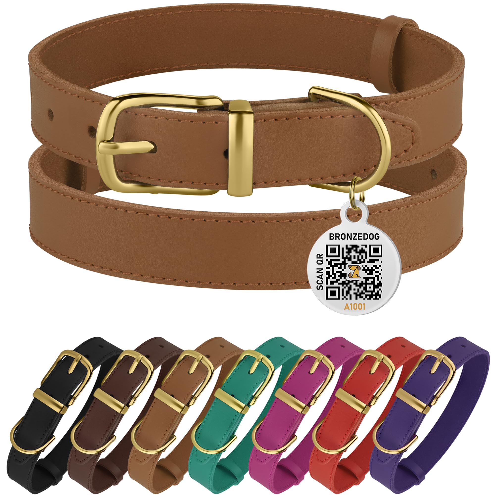 Bronzedog Leather Dog Collar With Metal Buckle Durable Basic Pet Collars For Small Medium Large Dogs (11-13 Inch (Pack Of 1), Light Brown & Gold Buckle)
