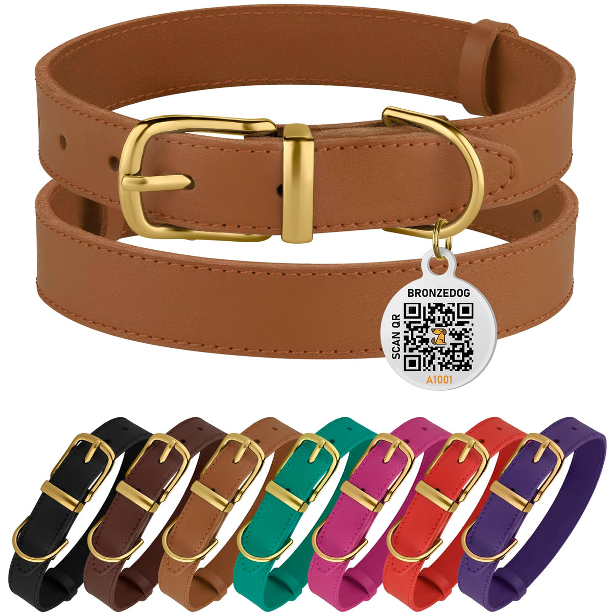 Bronzedog Leather Dog Collar With Metal Buckle Durable Basic Pet Collars For Small Medium Large Dogs (11-13 Inch (Pack Of 1), Light Brown & Gold Buckle)