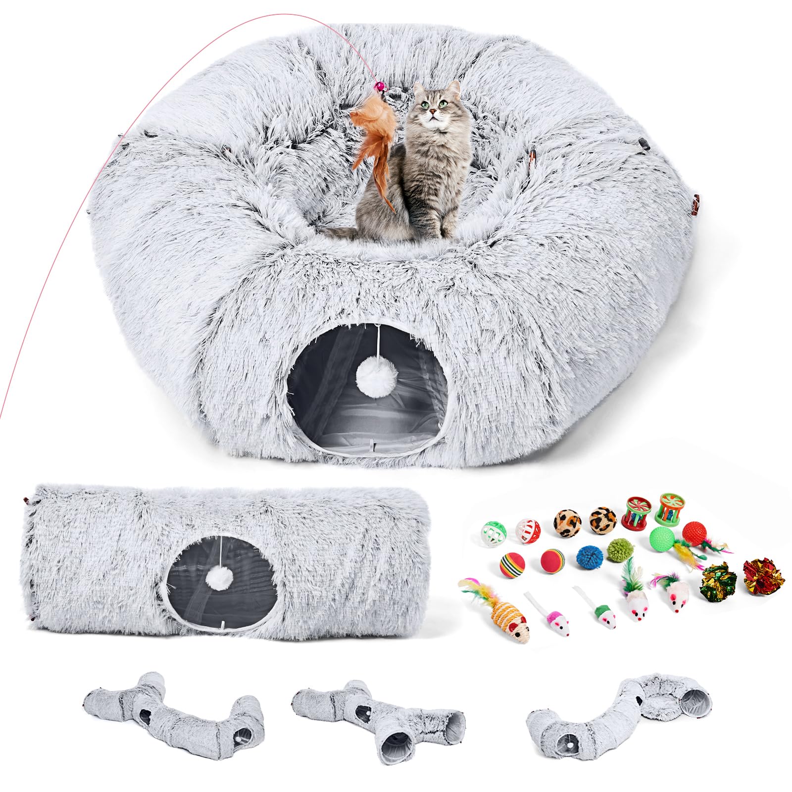 Odoland 5 Shapes Cat Tunnels With Fluffy Bed - Indoor Cats Cave Tunnels With 20 Pet Toys, Diy Kittens Donut Tunnel And Variety K