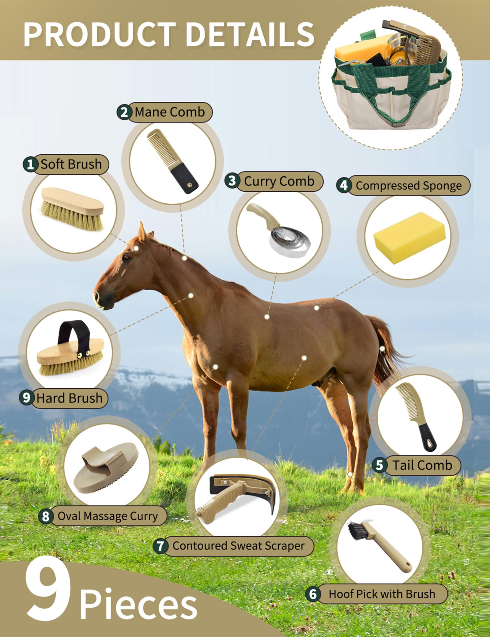 Inoreal Complete 9 Piece Horse Grooming Kit With Tote Bag, Horse Brush Set For Effective Grooming And Bathing, Professional Equi