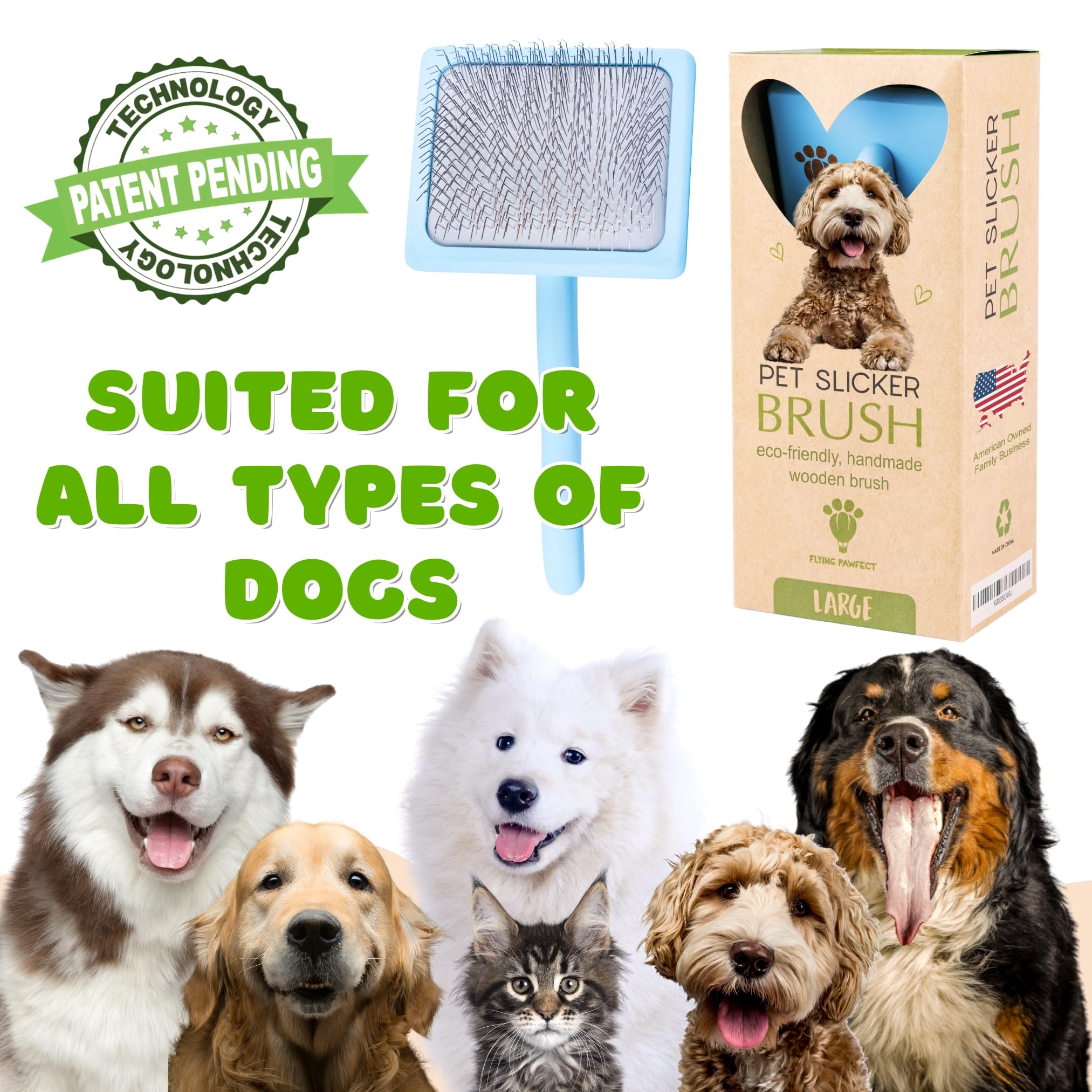 Flying Pawfect Pet Slicker Brush - Soft Massage Grooming with Stainless Steel Pins, Large Size, Baby Blue - Ideal for Dematting & Shedding