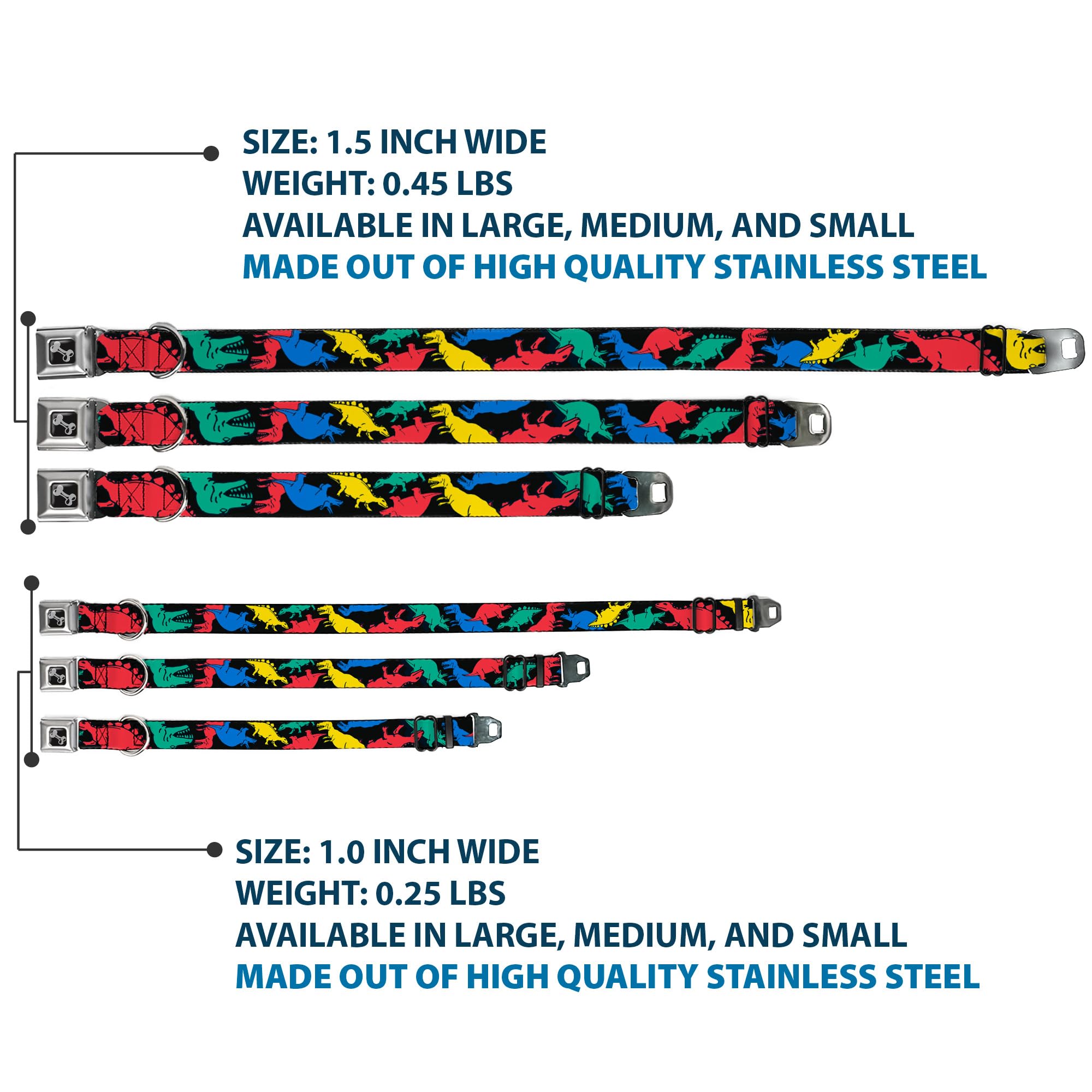 Buckle-Down Seatbelt Buckle Dog Collar - Dinosaurs Black/Multi Color - 1.5' Wide - Fits 18-32' Neck - Large