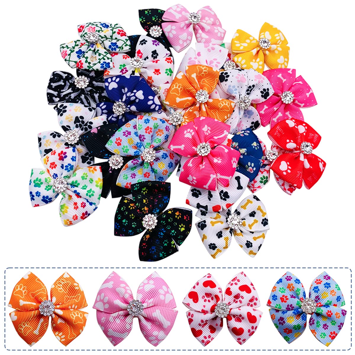 Pet Show 50Pcs/25Pairs Paw Pattern Small Dog Hair Bows Bulk With Rubber Bands For Medium Dogs Cats Puppy Shih Tzu Rhinestone Bowknot Topknot Yorkies Rabbits Girl Boy Pet Grooming Hair Accessories