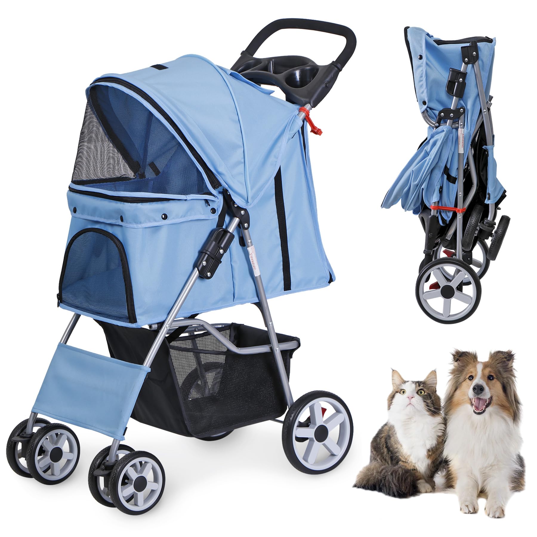 Lemy Folding Pet Stroller, 4 Wheels Dog Cat Stroller With Storage Basket&Cup Holder, Dog Cat Cage Jogger Stroller For Small Medi