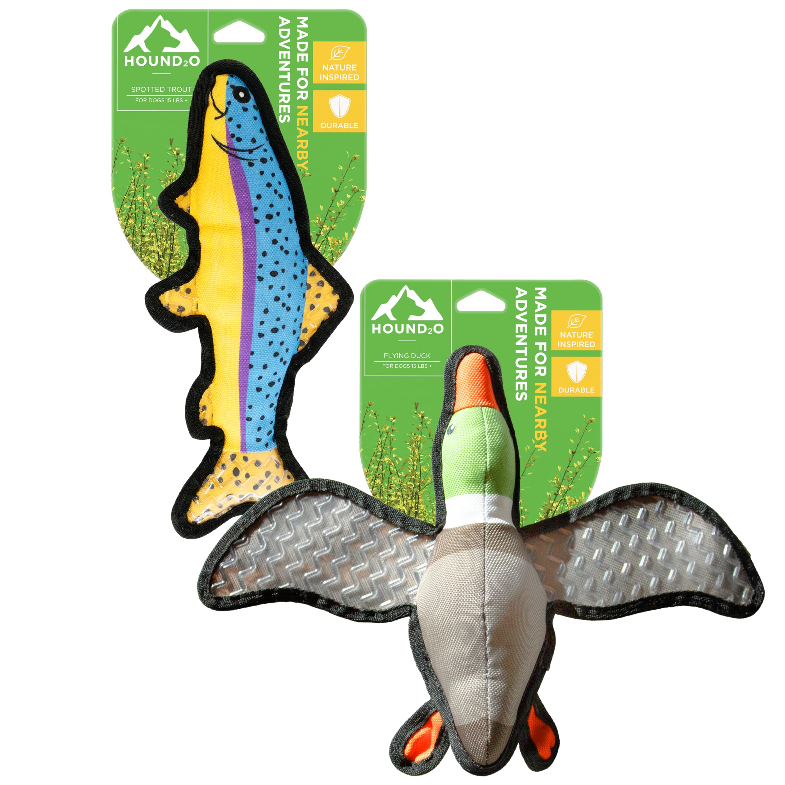 Hound2O Plush Outdoor Toys For Dogs | Large Stuffed Animal Duck & Stuffed Trout 2-Pack | Value Set Fishing & Hunting Themed Dura