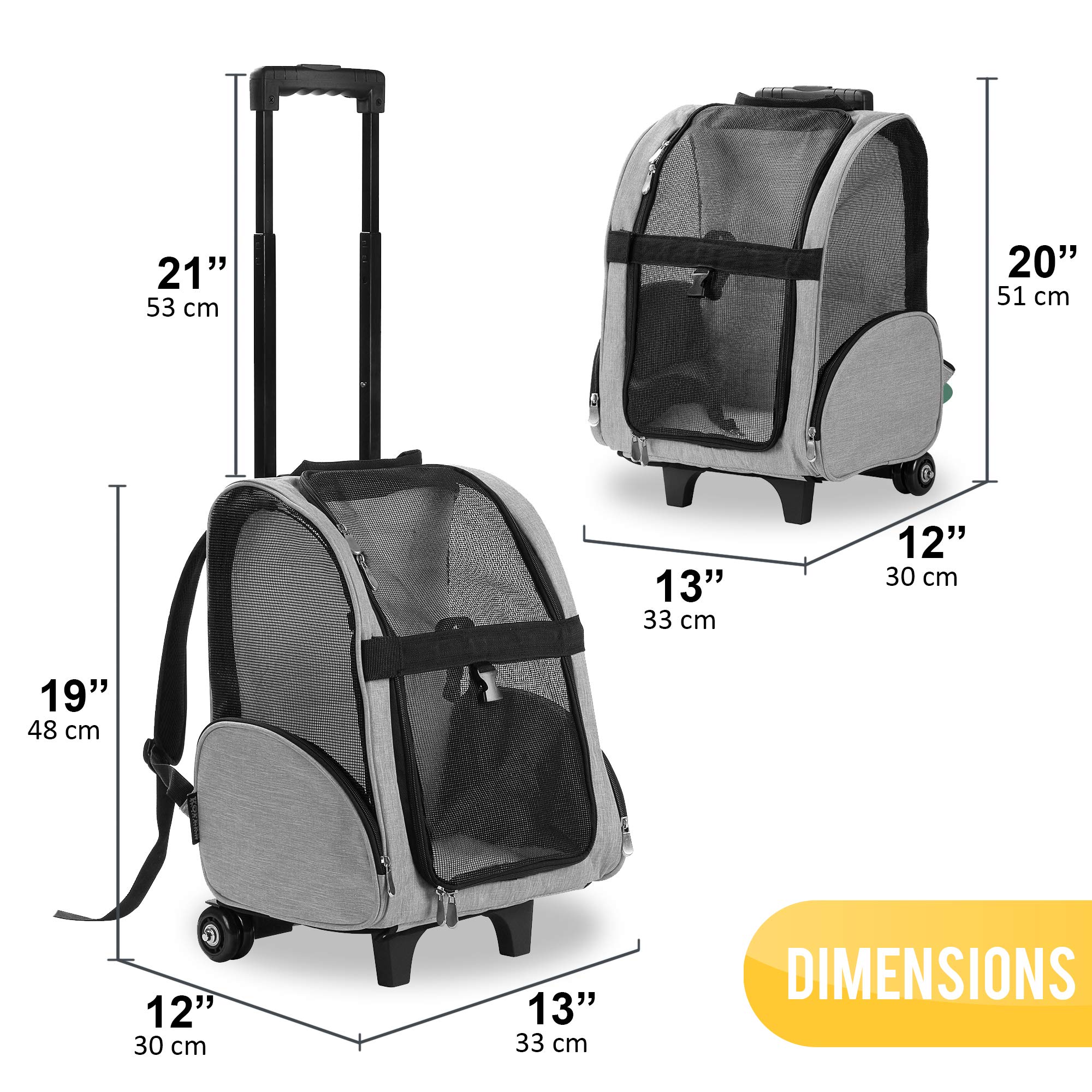 Kopeks Deluxe Backpack Pet Travel Carrier With Double Wheels - Heather Gray - Approved By Most Airlines