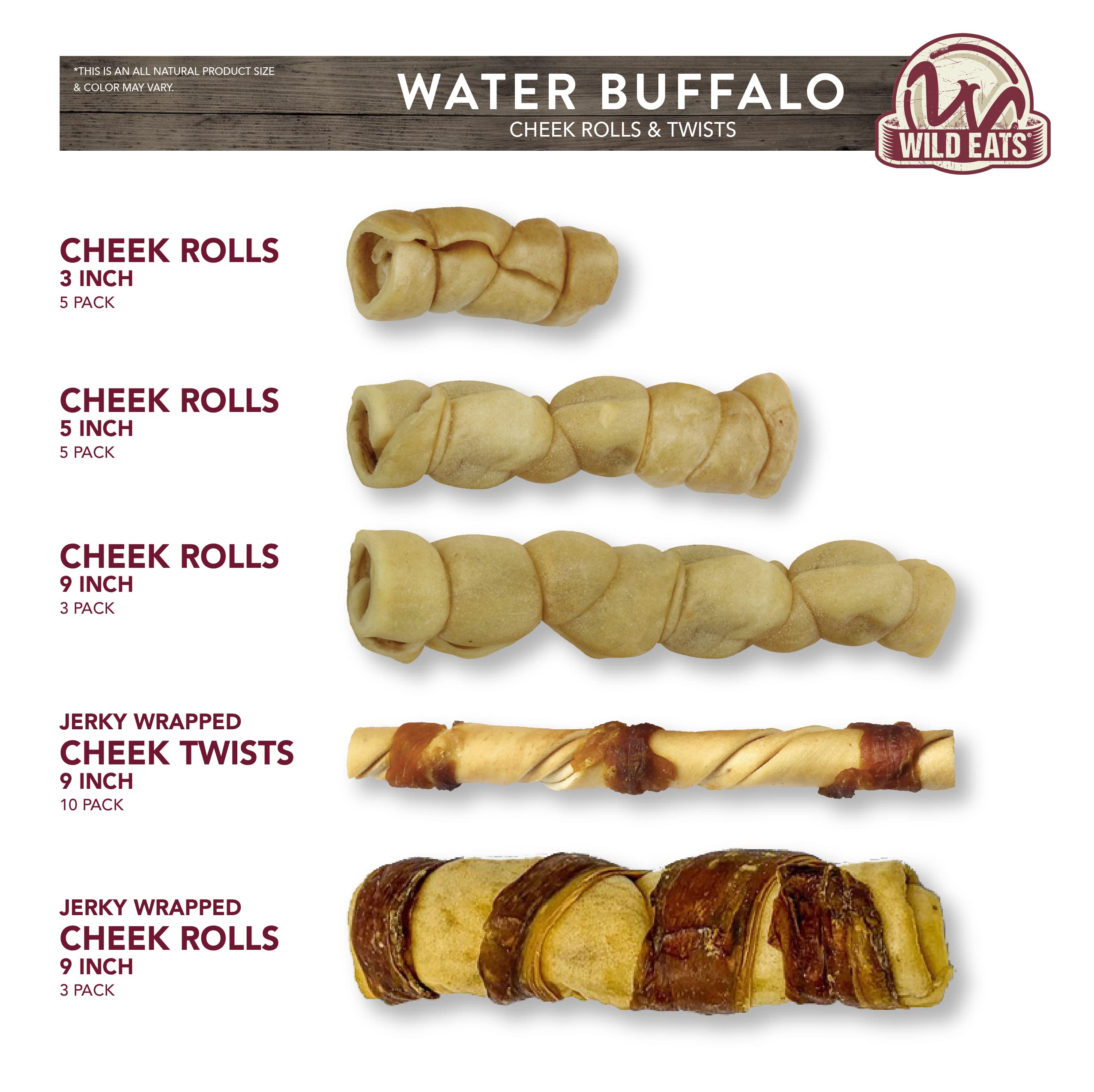 Wild Eats Water Buffalo Retriever 9 Inch Cheek Roll Dog Chews - 3 Pack (Healthy Alternative for Beef Rawhide for Dogs, Natural D