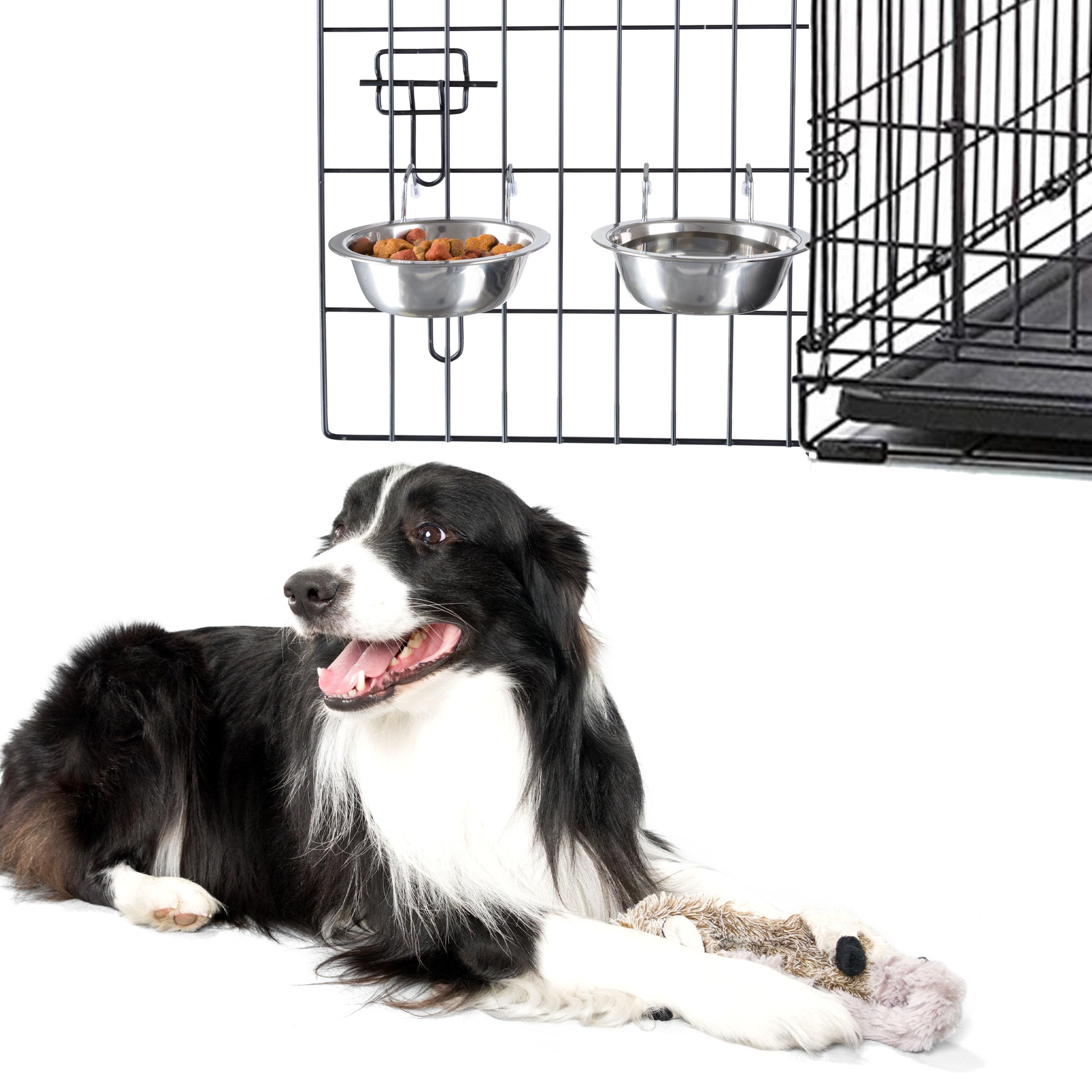 Set of 2 Stainless-Steel Dog Bowls - Cage, Kennel, and Crate Hanging Pet Bowls for Food and Water - 20oz Each and Dishwasher Saf