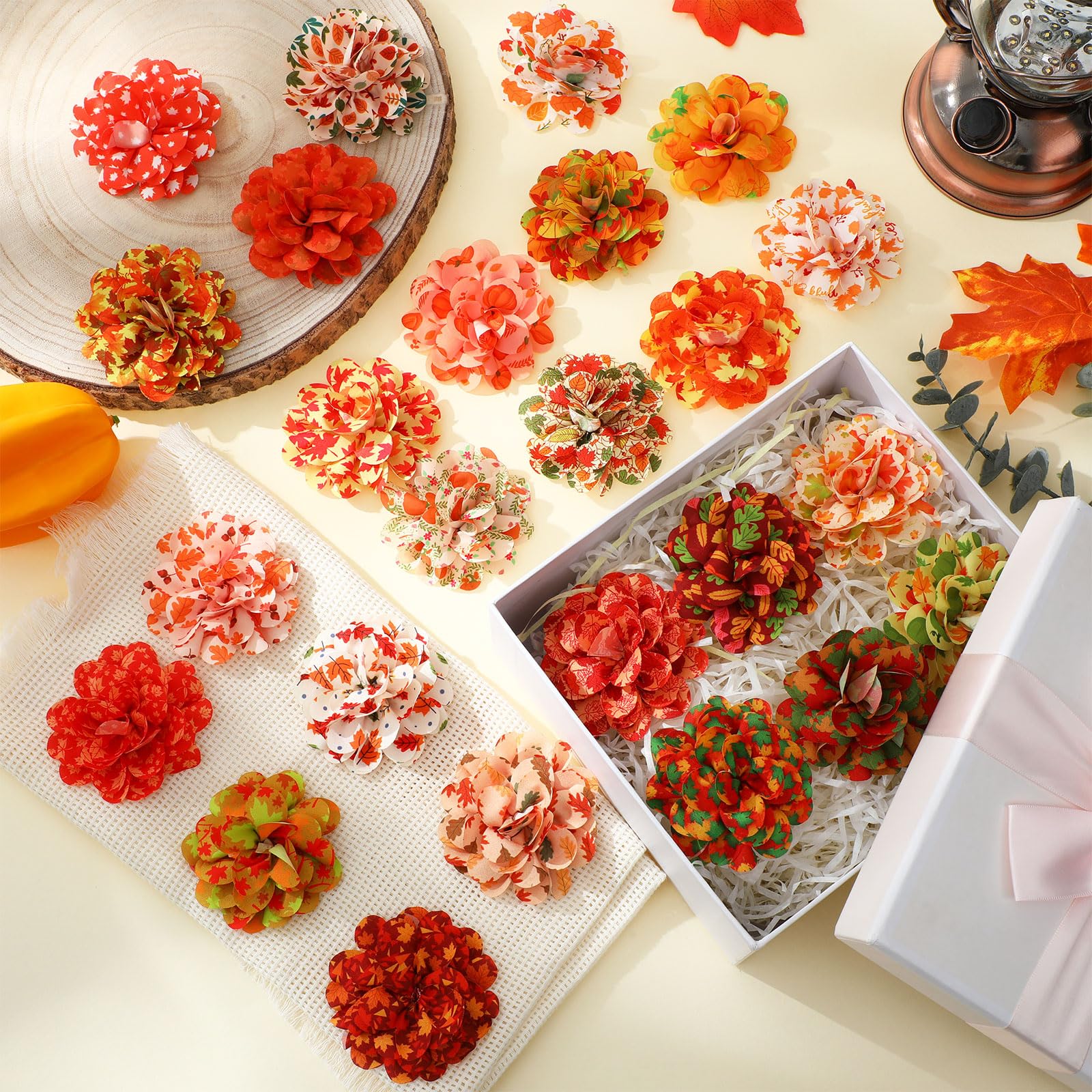 Huhumy 50 Pieces Fall Thanksgiving Dog Collar Flowers Bulk Maple Leaves Dog Charms Grooming Accessories Bow Tie Flower for Pets