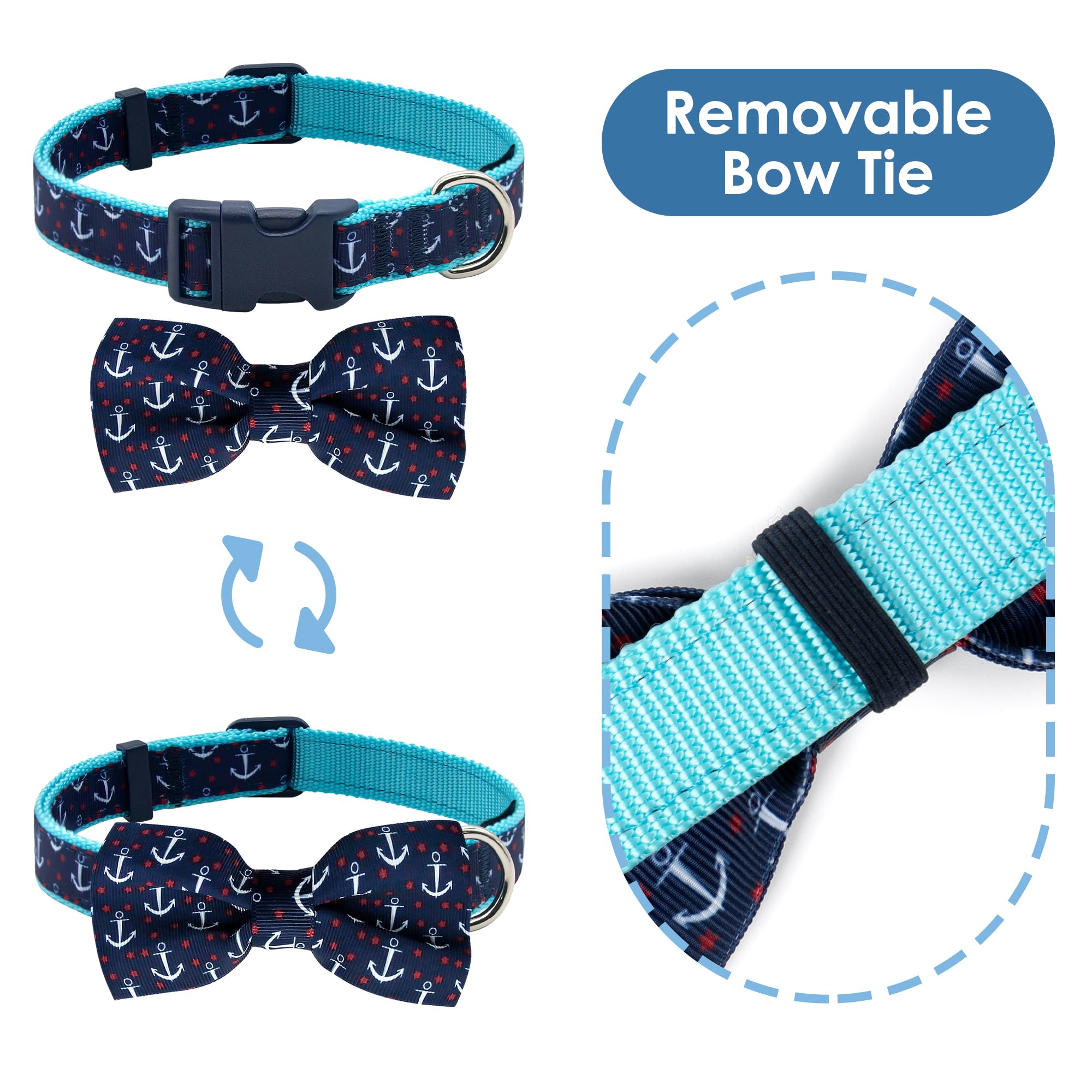 Azuza Anchor Dog Collar With Bow Tie, Soft And Comfortable Adjustable Bowtie For Medium Dogs