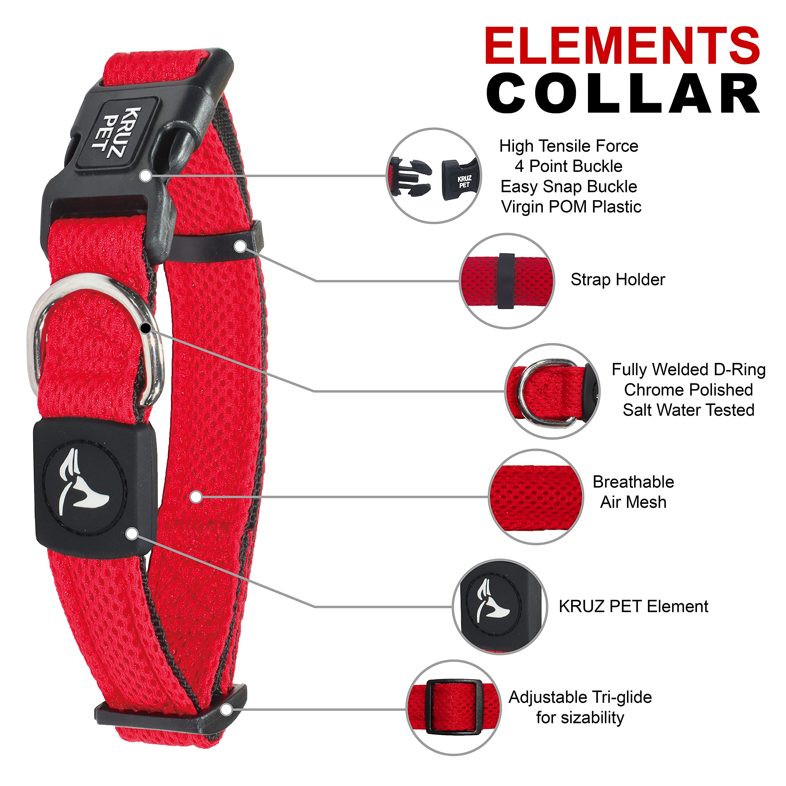 Kruz Pet Kza102-14S Mesh Dog Collar For Small, Medium, Large Dogs, Adjustable Neck Collar, Soft, Lightweight, Breathable, Comfort Fit - Red - Small