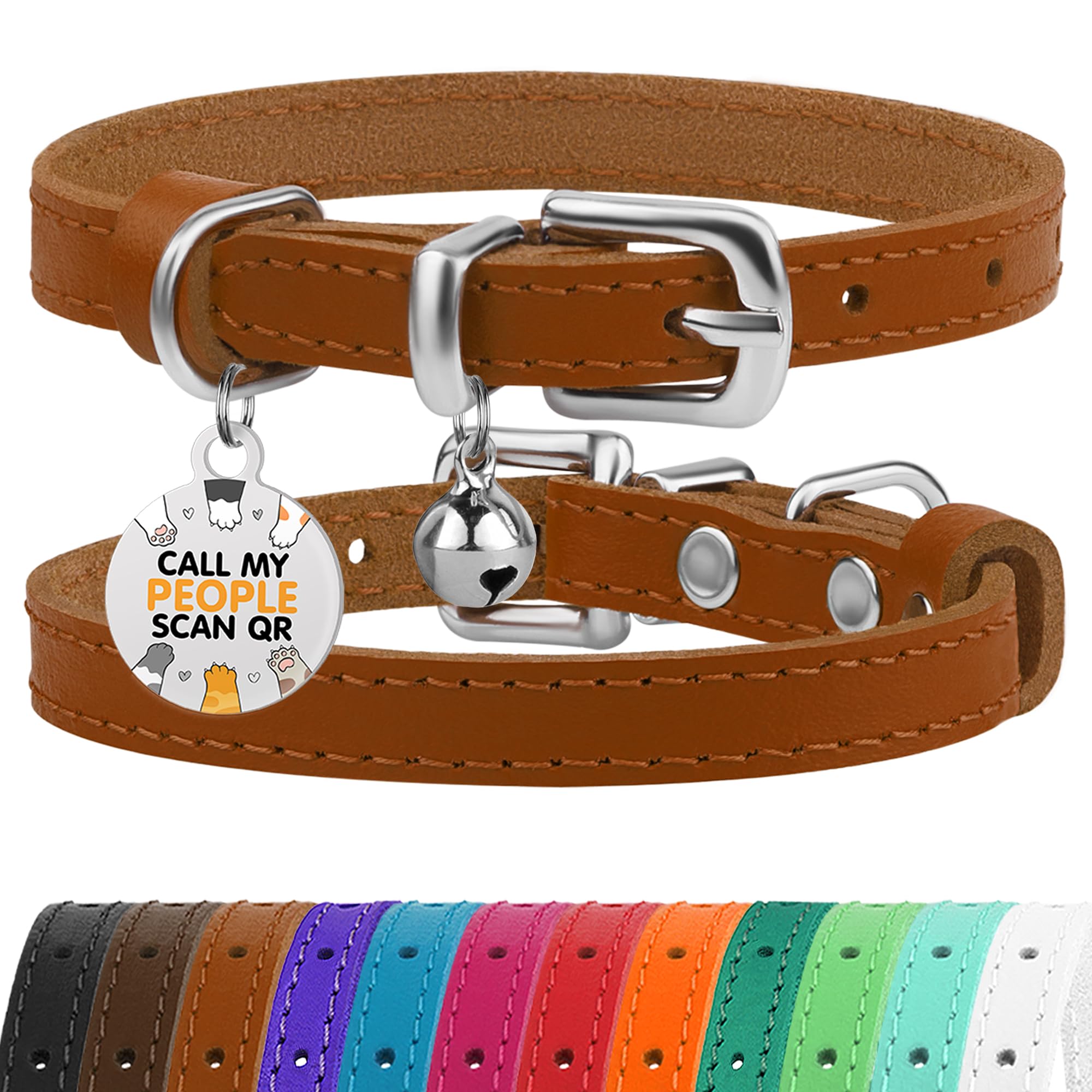 Bronzedog Leather Cat Collar With Removable Bells Non Breakaway Kitten Qr Tag For Girl Boy (9' - 12' Cats/Mini Dogs, Light Brown & Silver)