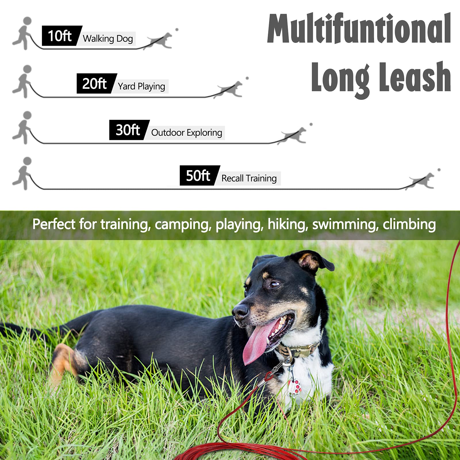 Long Dog Leash Chew Proof, Tie Out Cable For Dogs Heavy Duty 10/20/30/50 Ft With Carabiner, Dog Leads For Yard For Medium Large Dogs, Dog Long Leashes With Padded Handle