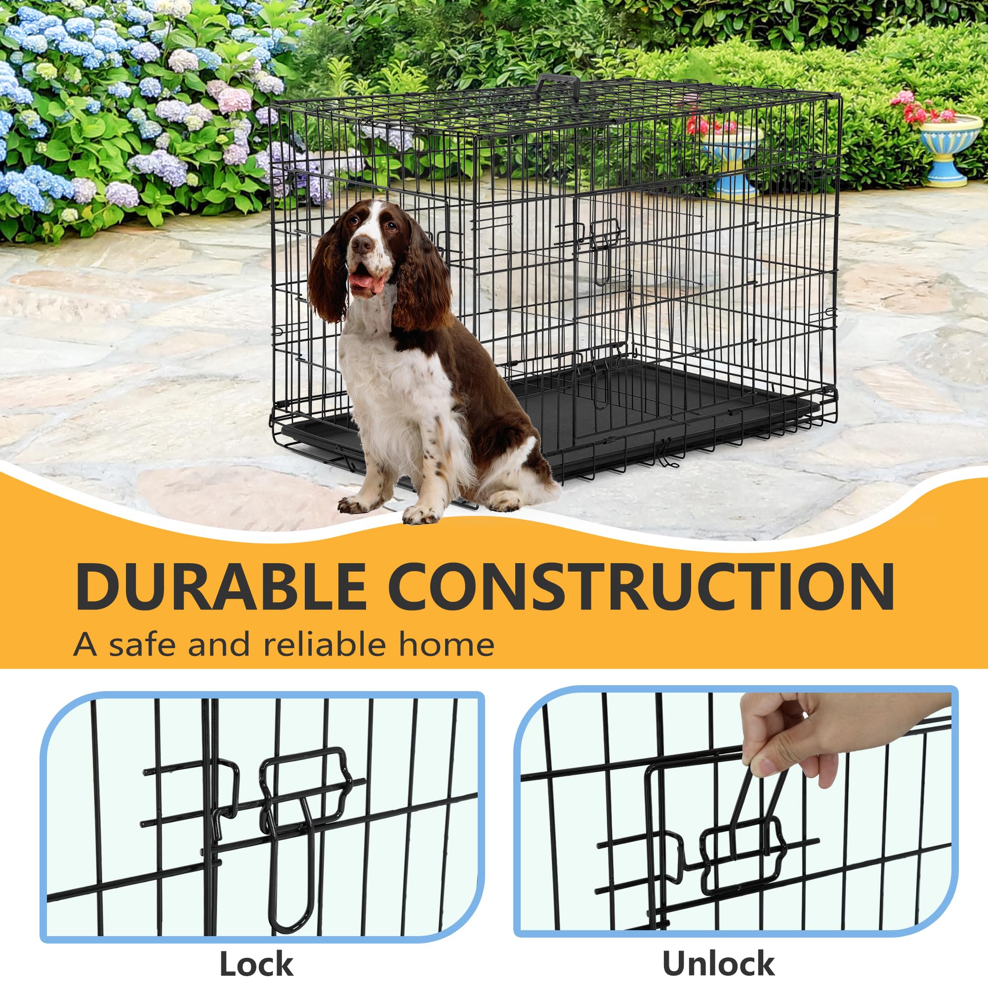 FDW Dog Kennel Cage - 36" Folding Metal Wire Crate with Double Door, Removable Tray & Divider, Black