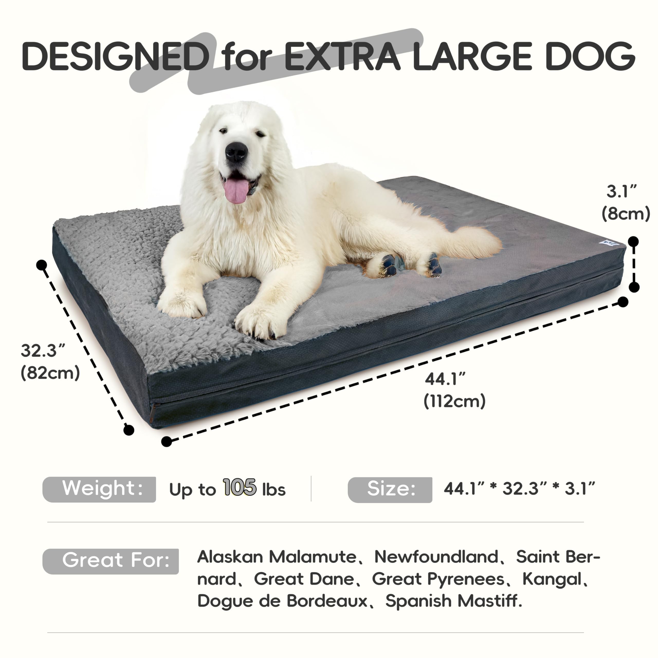 Sytopia XL Dog Bed - Waterproof, Double-Sided Plush, Orthopedic Support, Dark Grey, 44.1"L x 32.3"W x 3.1"Th, Model