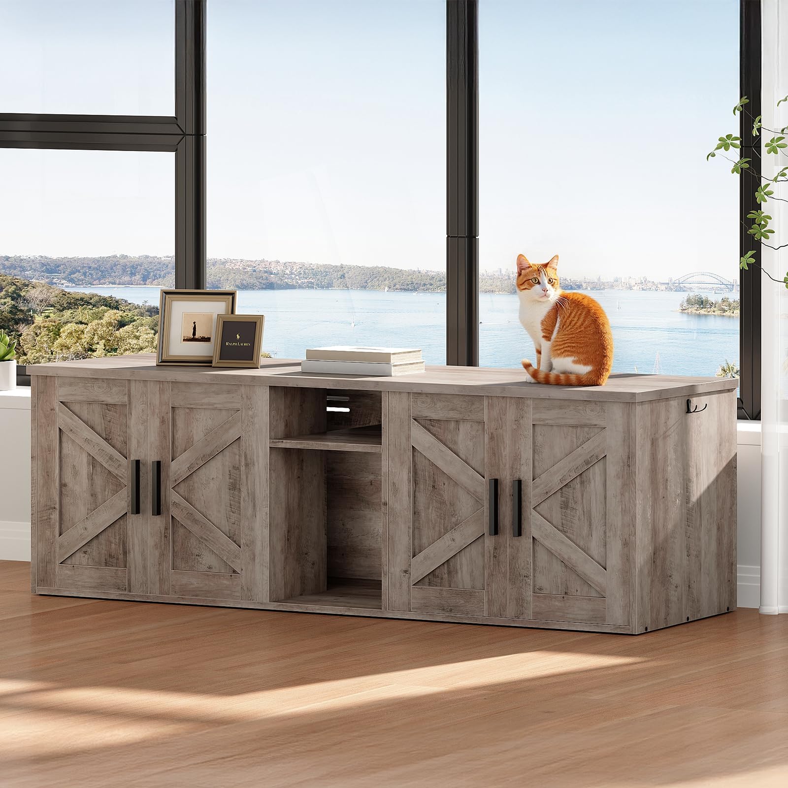HOOBRO 58.3 Cat Litter Box Enclosure, Litter Box Furniture for 2 Cats, Hidden Litter Cabinet with Corridor, TV Stand with Storag