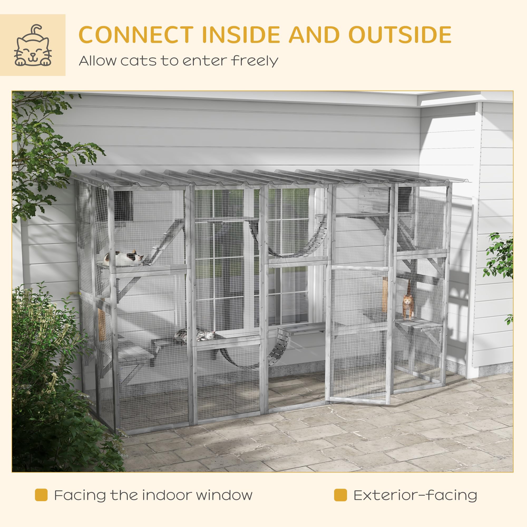 Pawhut Catio Playground Cat Window Box Outside Enclosure, Outdoor Cat House With Weather Protection Roof For Multiple Kitties, Wooden Frame, Shelves & Bridges, 118' X 37.5' X 74', Gray