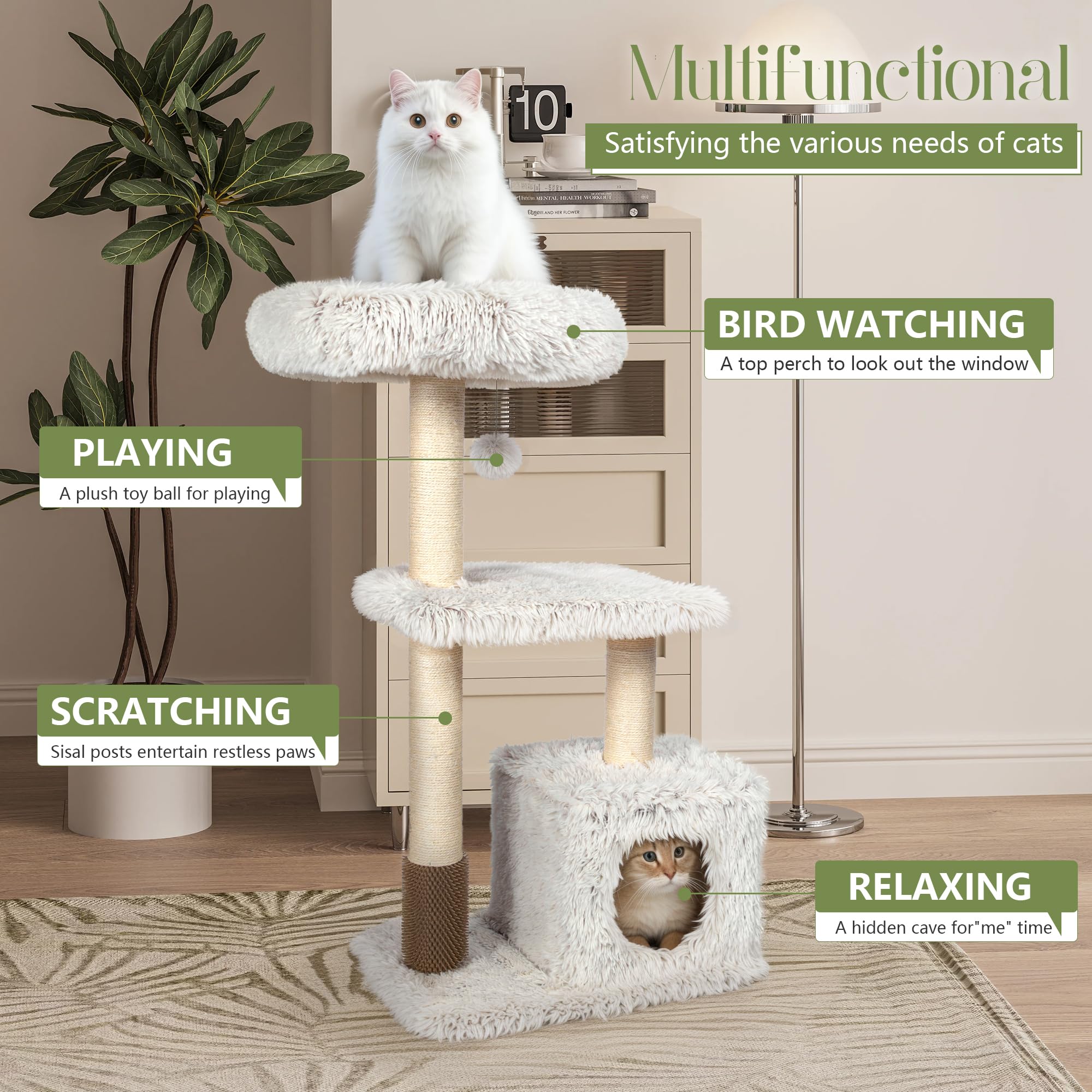 Kamaboko 41'' Tall Modern Cat Tree - Wooden Cat Tower With Cat Condo, Hammock & Top Perch, Cute Wood Cat Tree Natural Sisal Post