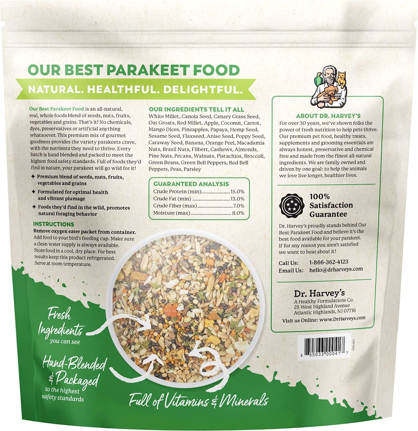Dr. Harvey's Parakeet Food - Wholesome Seeds, Nuts & Fruits - 4 lb Pack