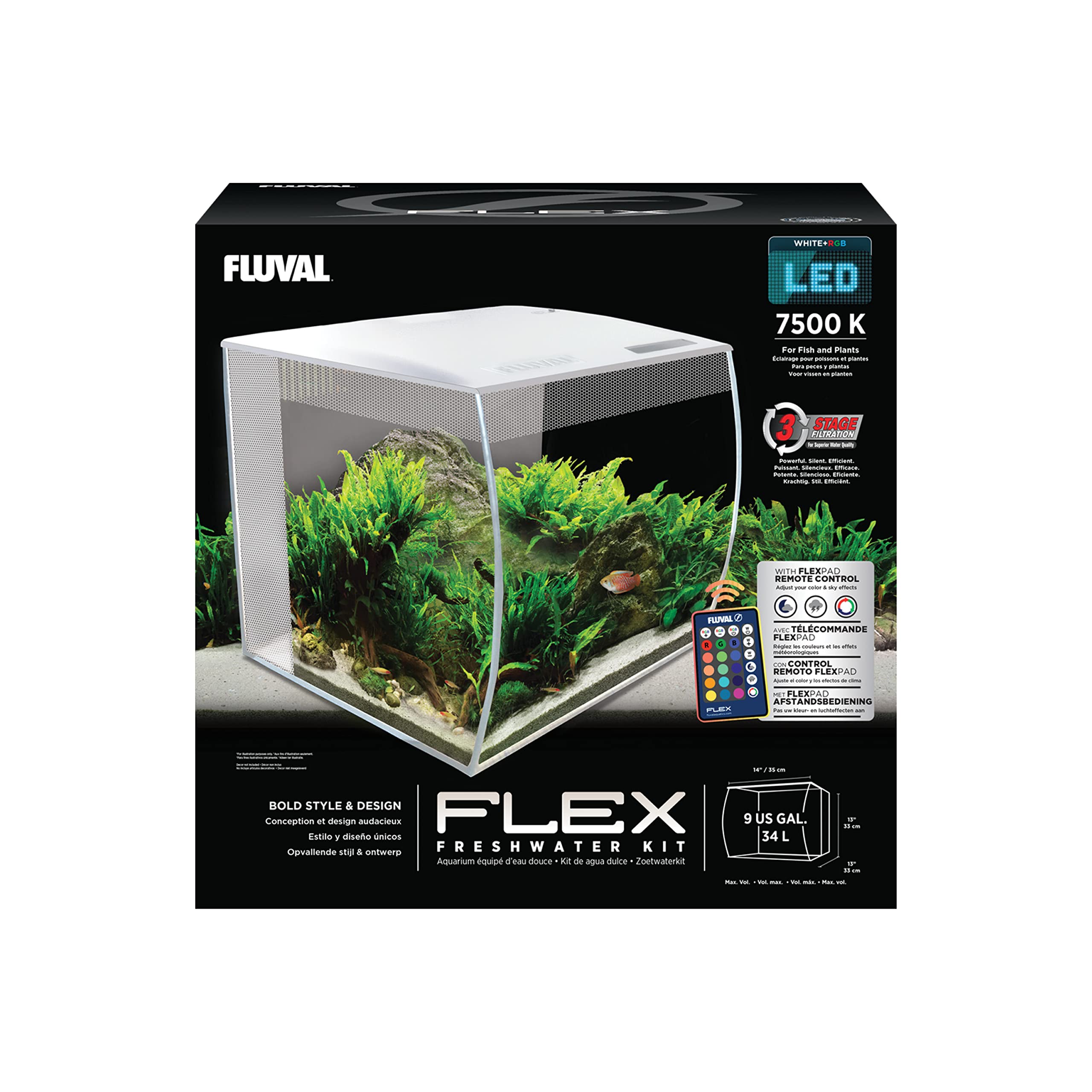 Fluval Flex 9 Aquarium Kit - Fish Tank For Fish & Plants - Comes With Led Lights, Filtration System & More - 36' X 18' X 18' - 34 L, 9 Gal. - White
