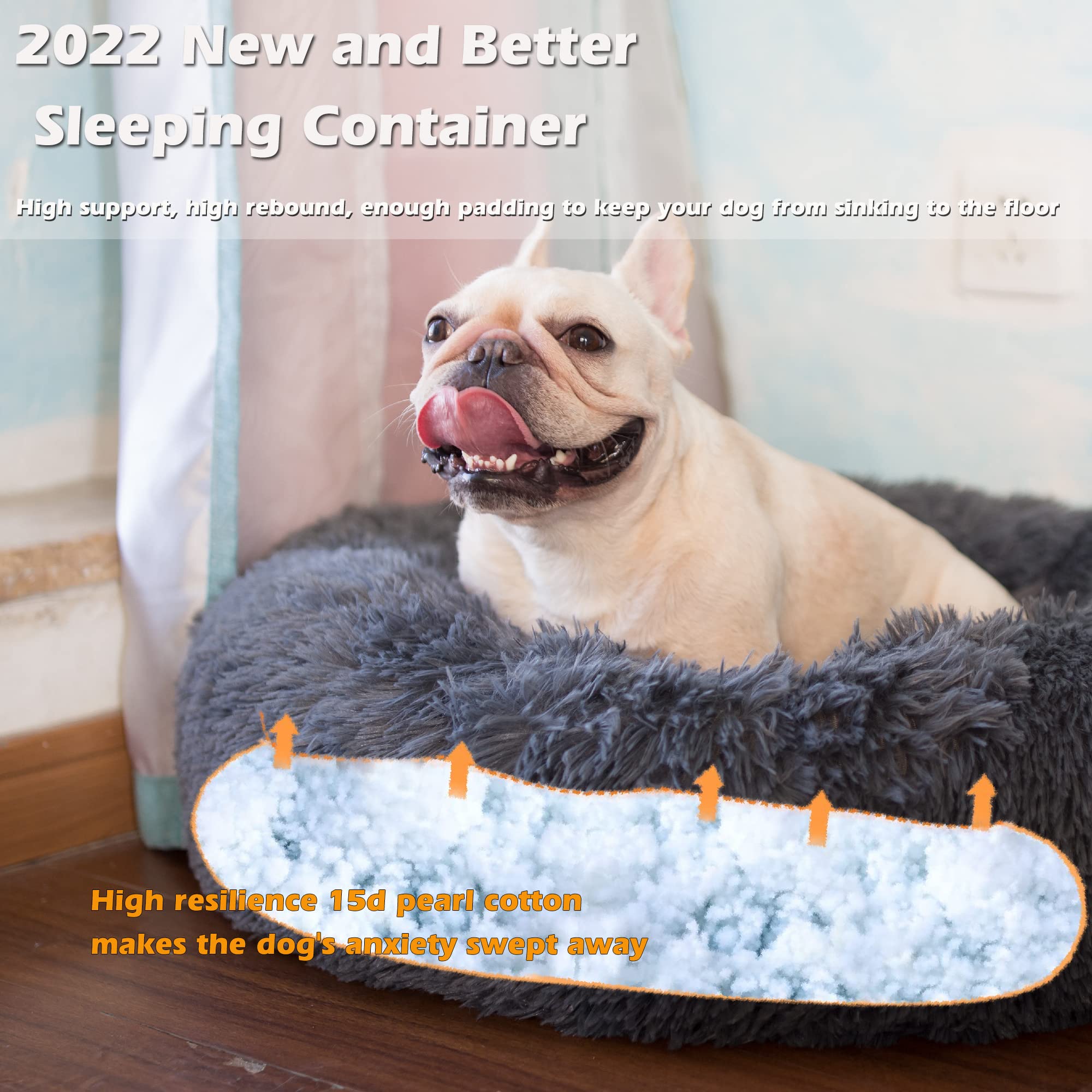 Puppy Bed For Calming Dog 23 Inches Dark Gray Anti-Anxiety Donut Dog Bed For Small Medium Dogs Washable Fuzzy Dog Bed Fits Up To