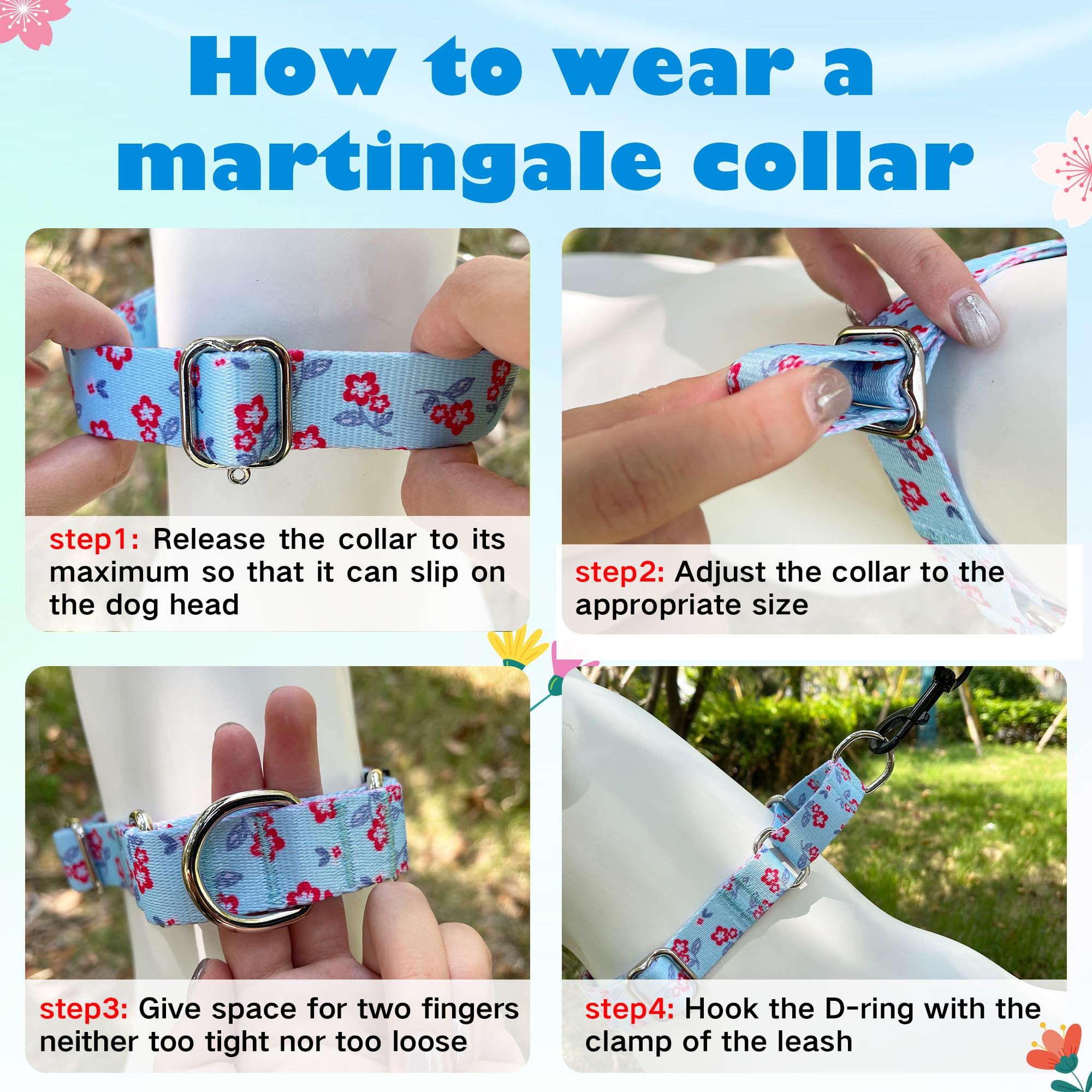 Hikiko Martingale Dog Collar With No Buckle Cute Girl Flower Dog Collars Comfortable Nylon Choke Collar For Puppy Dogs,Light Blu