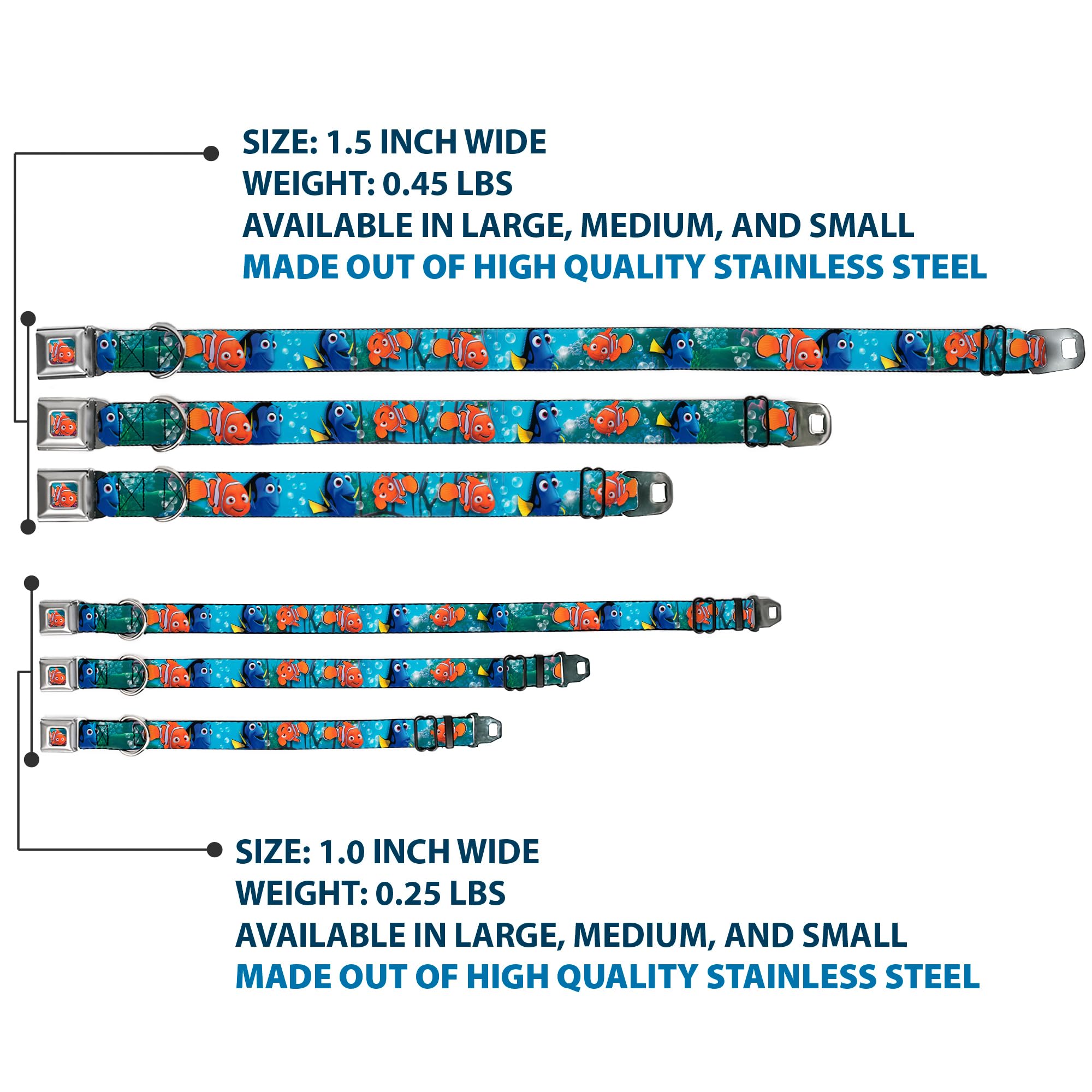 Dog Collar Seatbelt Buckle Nemo Dory Poses 11 To 17 Inches 1.0 Inch Wide