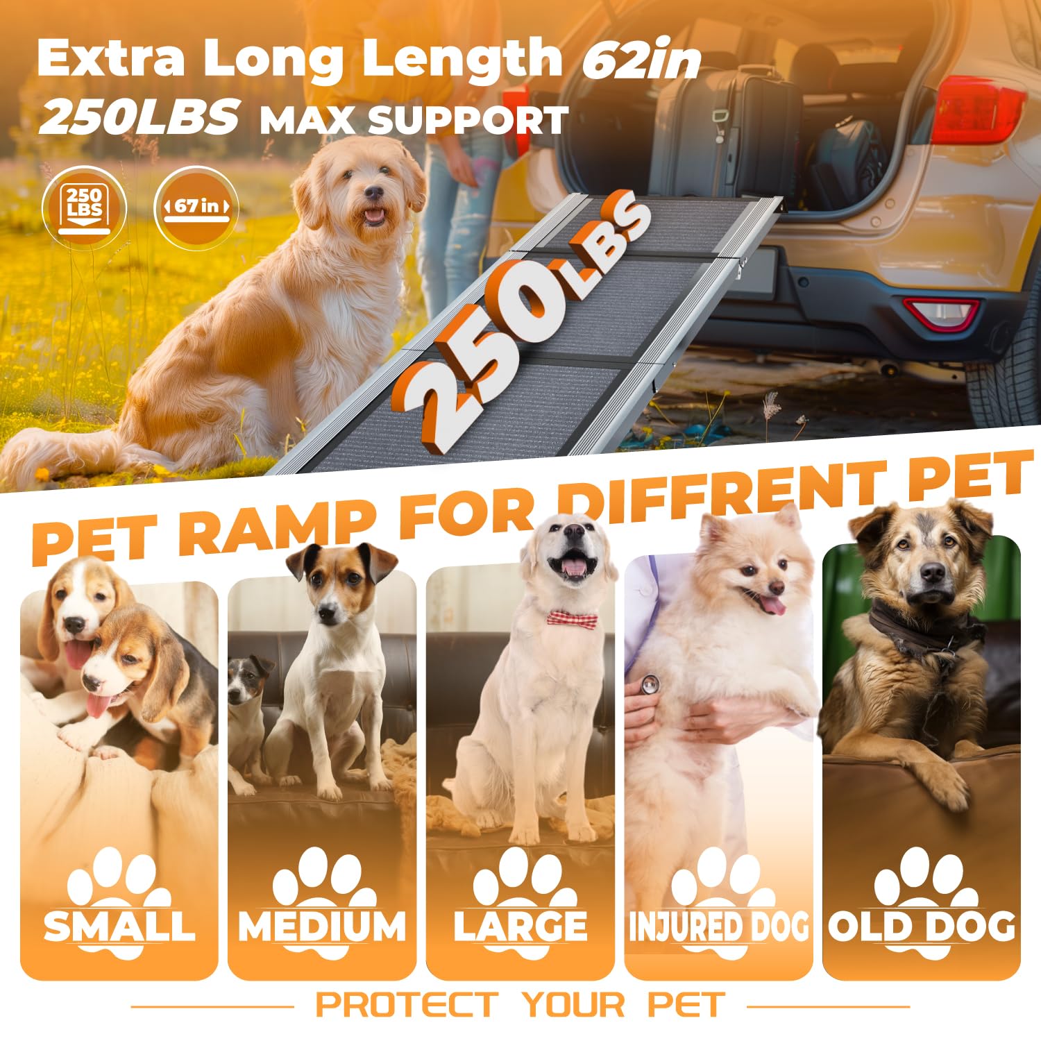 Dog Ramp For Car,63'' Long & 17'' Wide Folding Portable Dog Car Ramp With Non-Slip Rug Surface Car Ramp For Dogs Pet Ramp Dog Ra