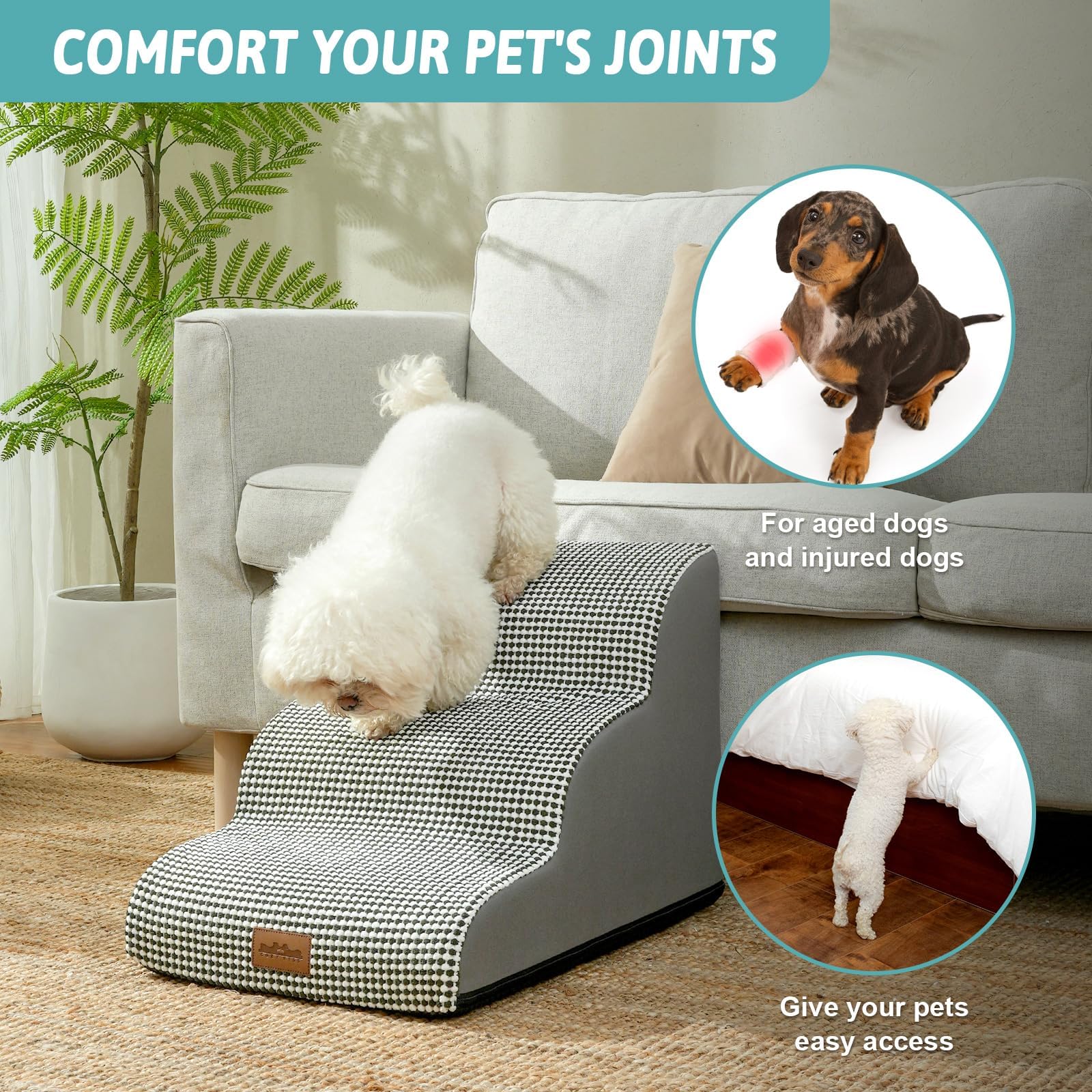 COZY KISS Dog Stairs, 3 Step Foam Ramp for Small Dogs & Cats, 15.7" H, White Black, Curved Design for Couch or Chair