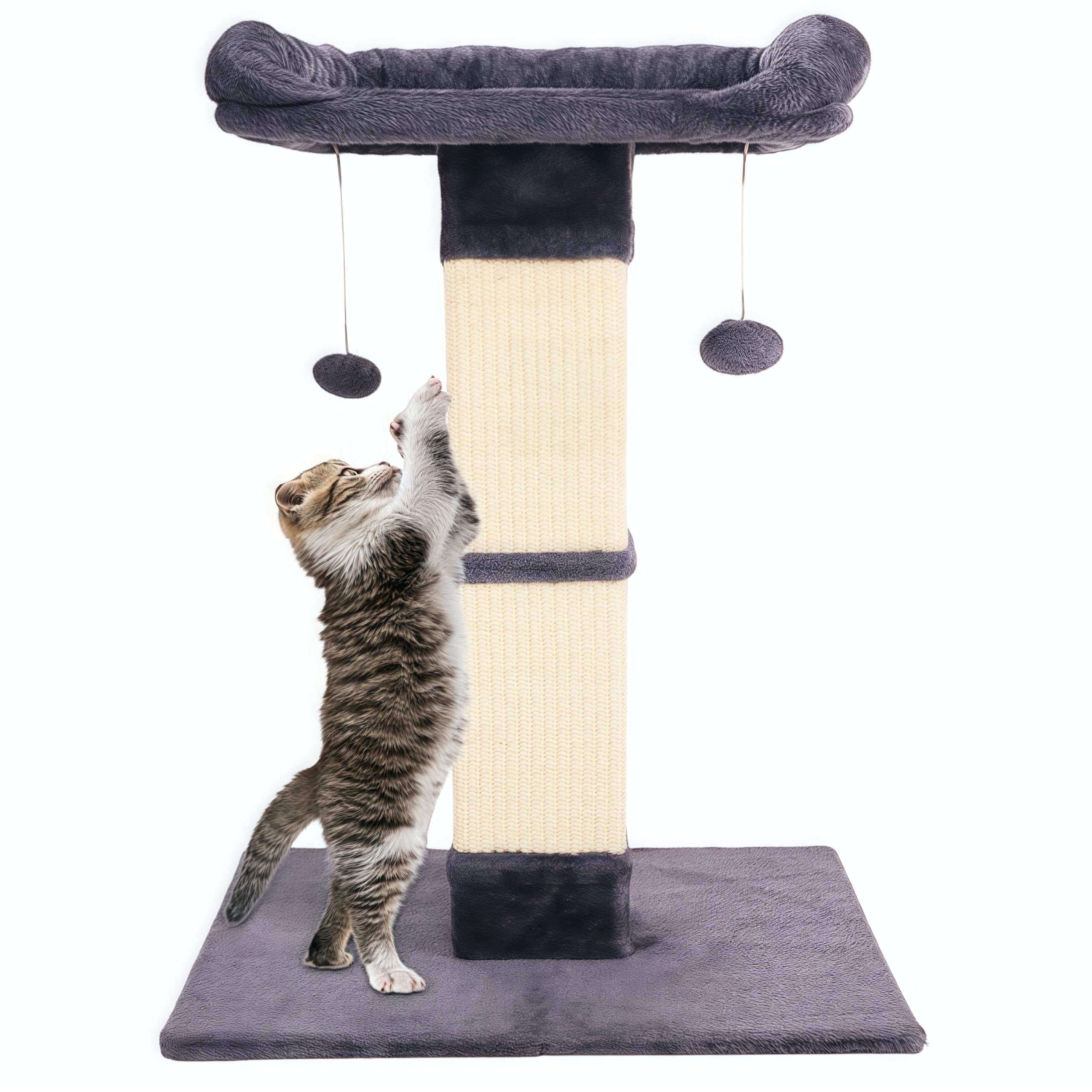 Runske 34 Cat Scratching Post for Indoor Cats, Sisal Cat Scratcher with Large Plush Perch, Vertical Posts with Elevated Bed and 